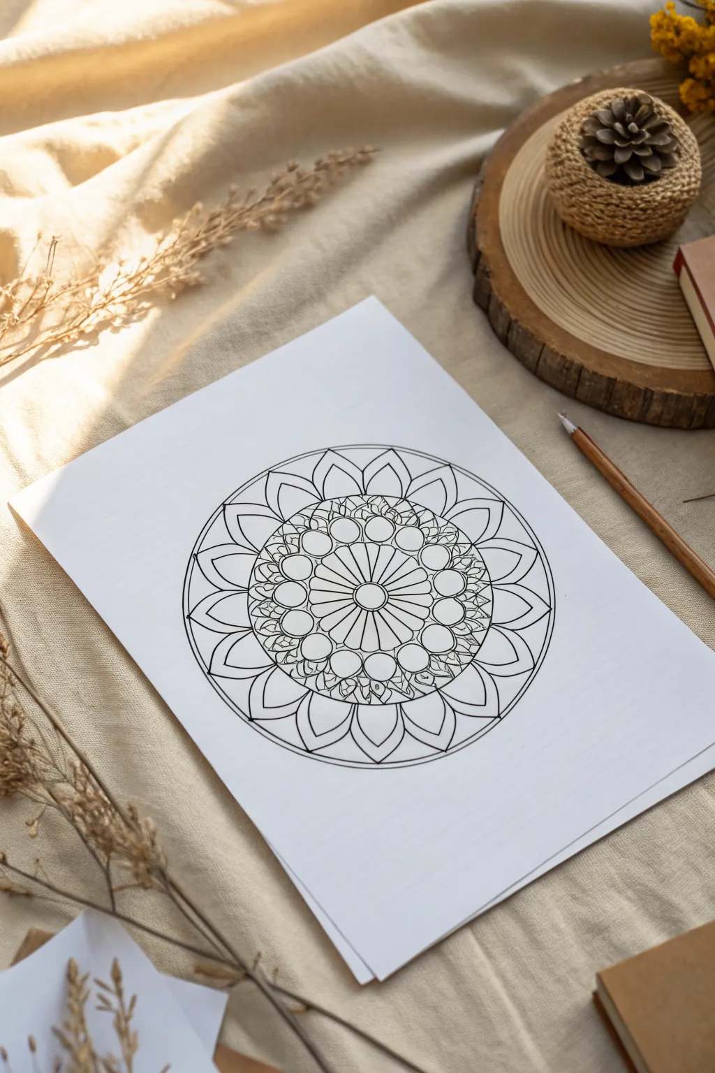 Trace-ready mandala template with neat rings and petals in a calm minimalist boho mood