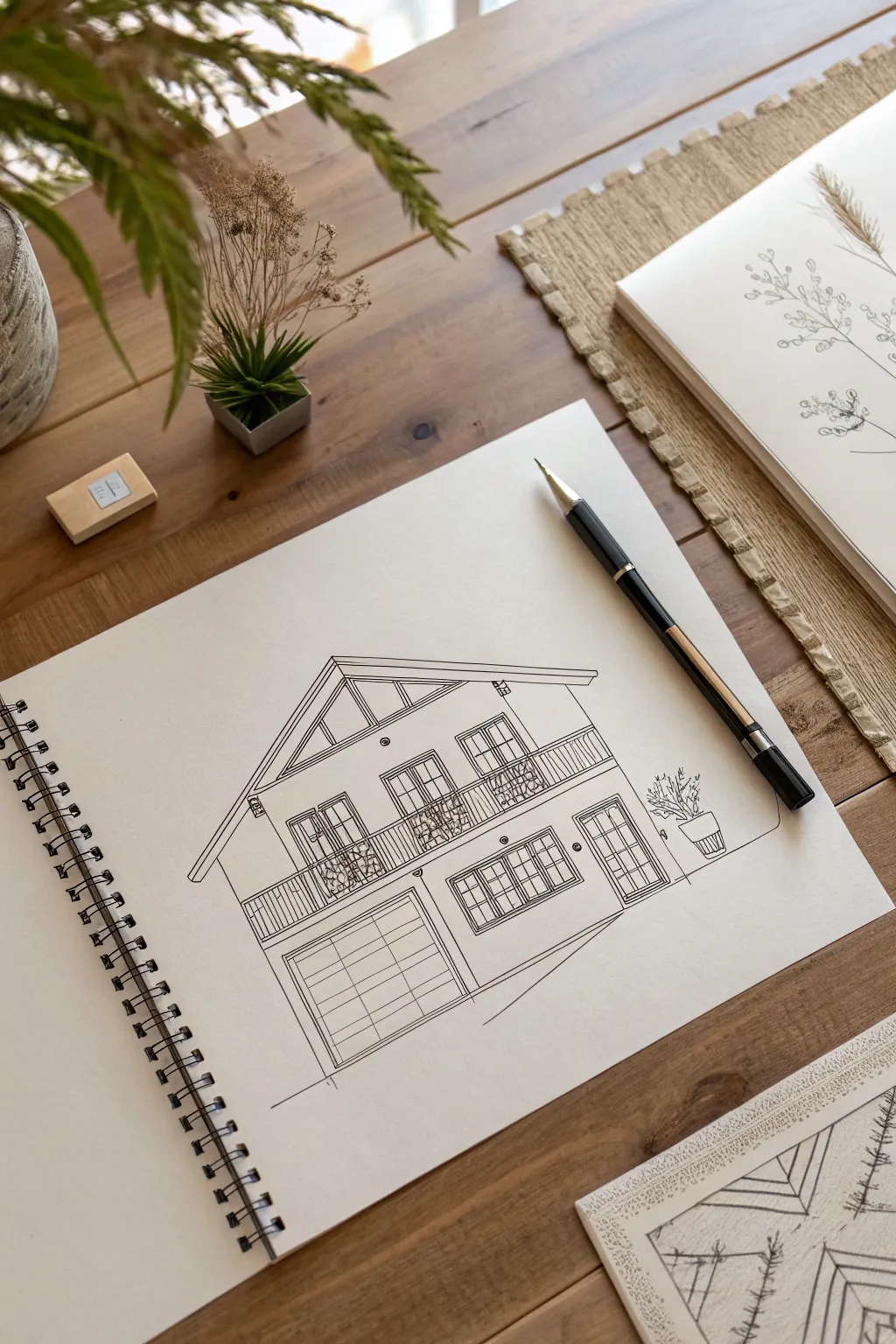 Cutaway modern dream house sketch with stair and mezzanine, clean lines and cozy minimal vibes