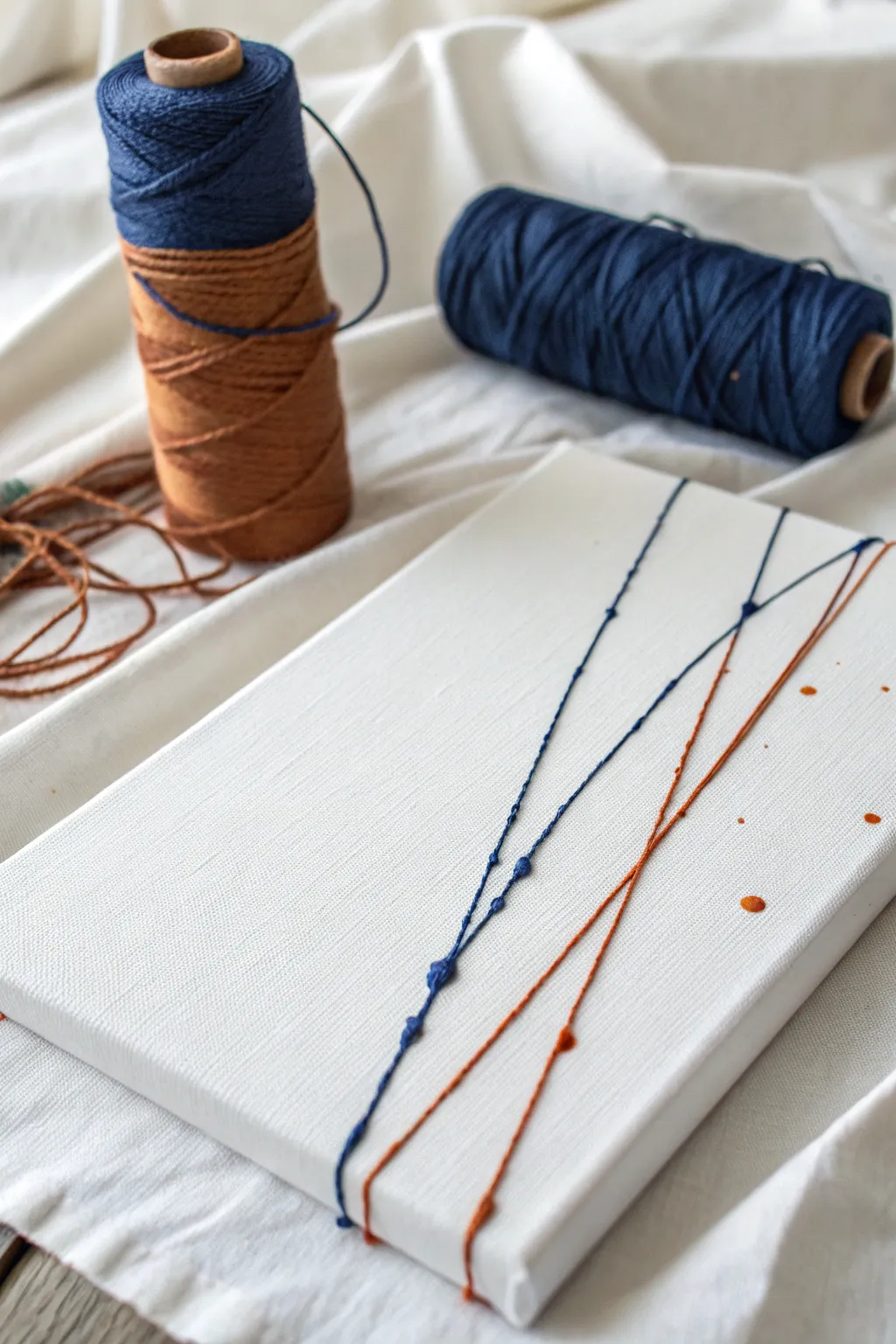 String pull drips: lifted painted thread creates webby, threaded trails on a crisp canvas