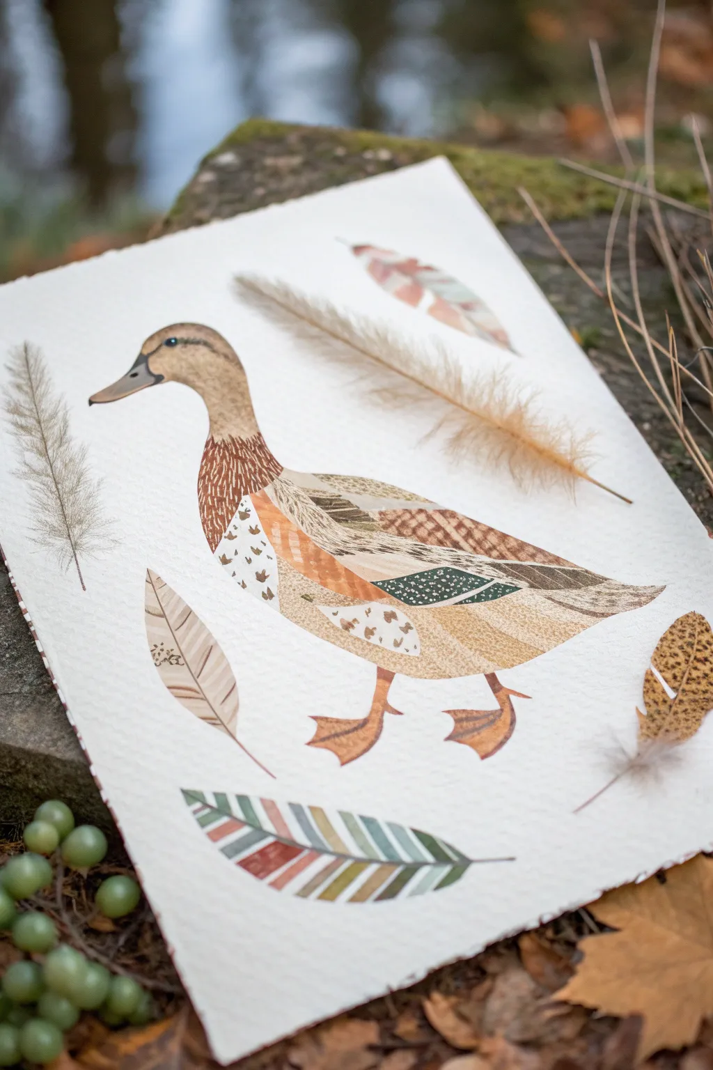 Minimalist collage duck with patterned feathers and painted details, perfect cozy boho art