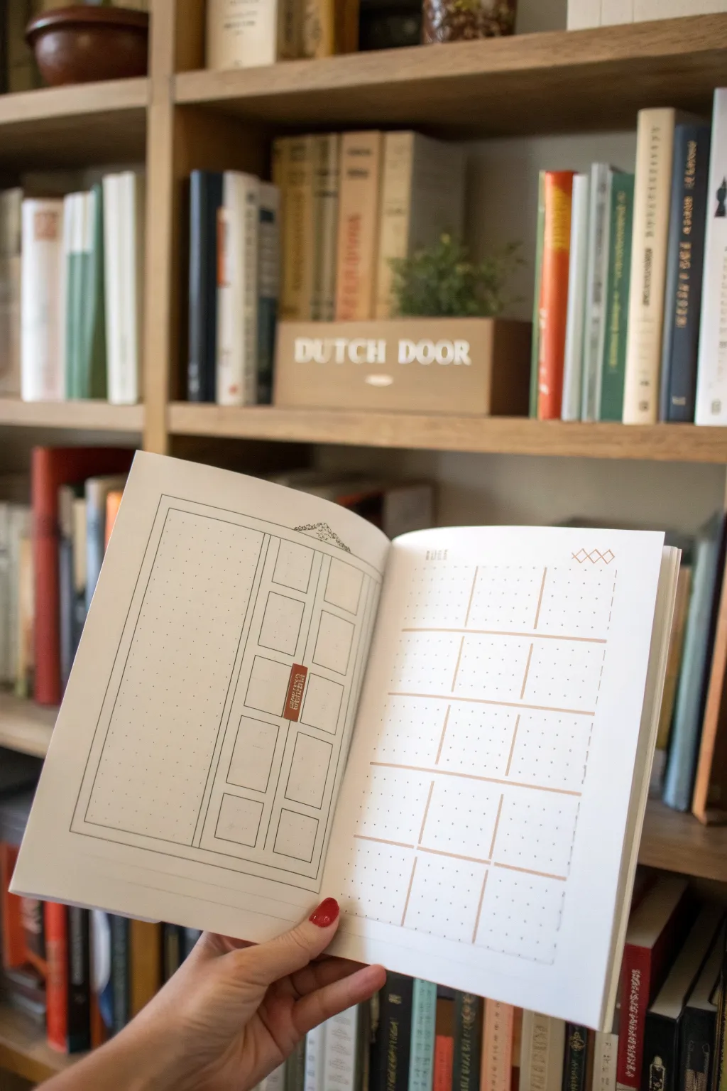 Bookshelf Dutch door sketch with a lifted flap revealing a secret, blank reading log grid
