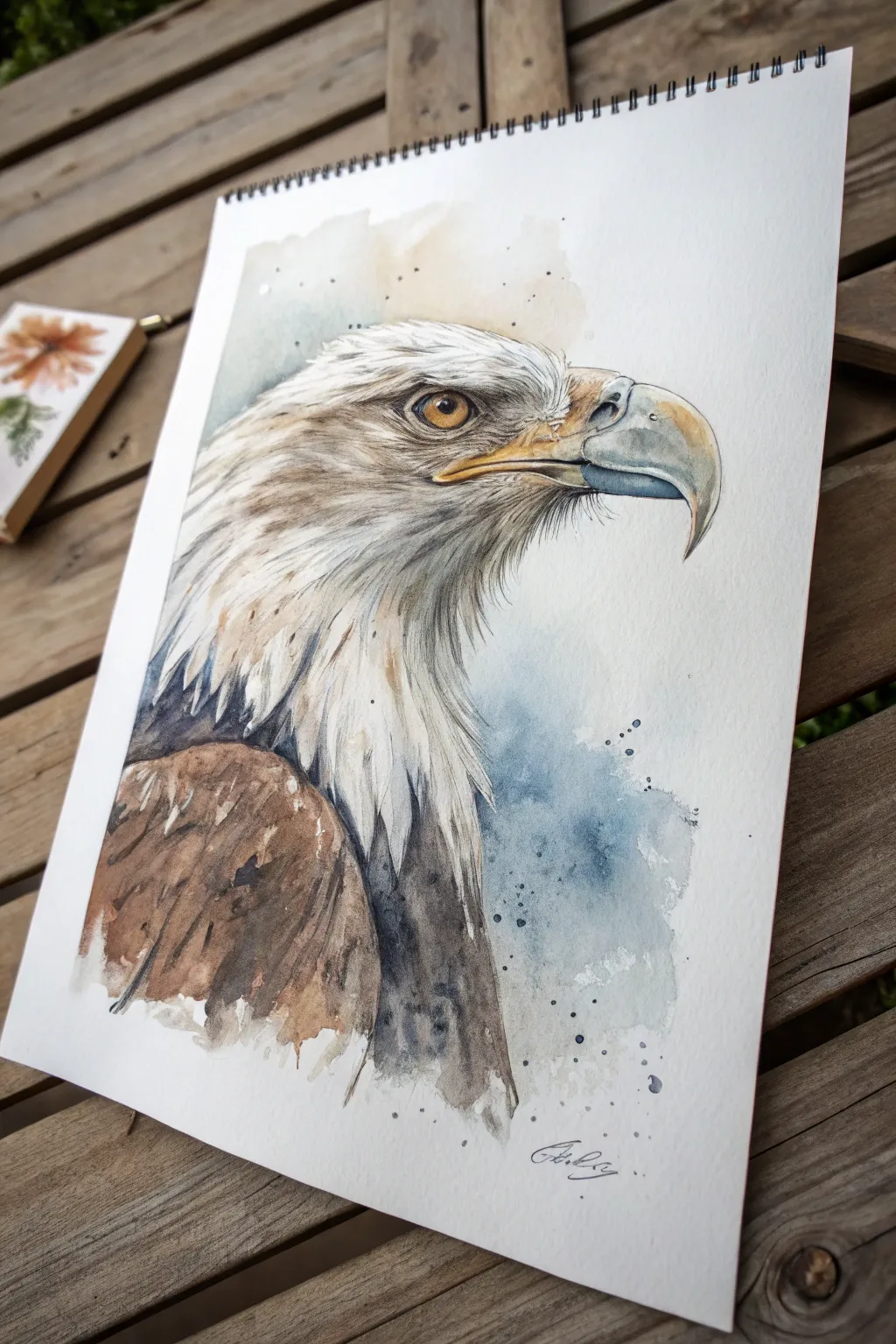 Loose wet-on-wet watercolor eagle with crisp eye and beak details, minimalist studio mood.
