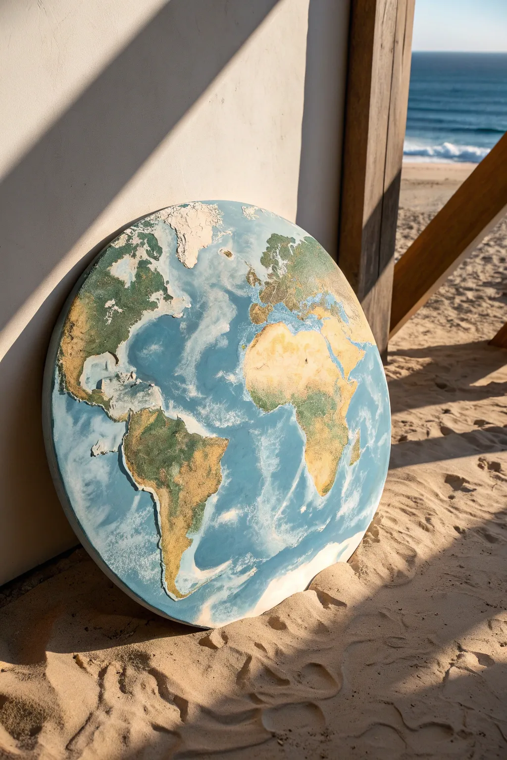 Raised, textured continents with side light and shadows for a clean minimalist Earth artwork