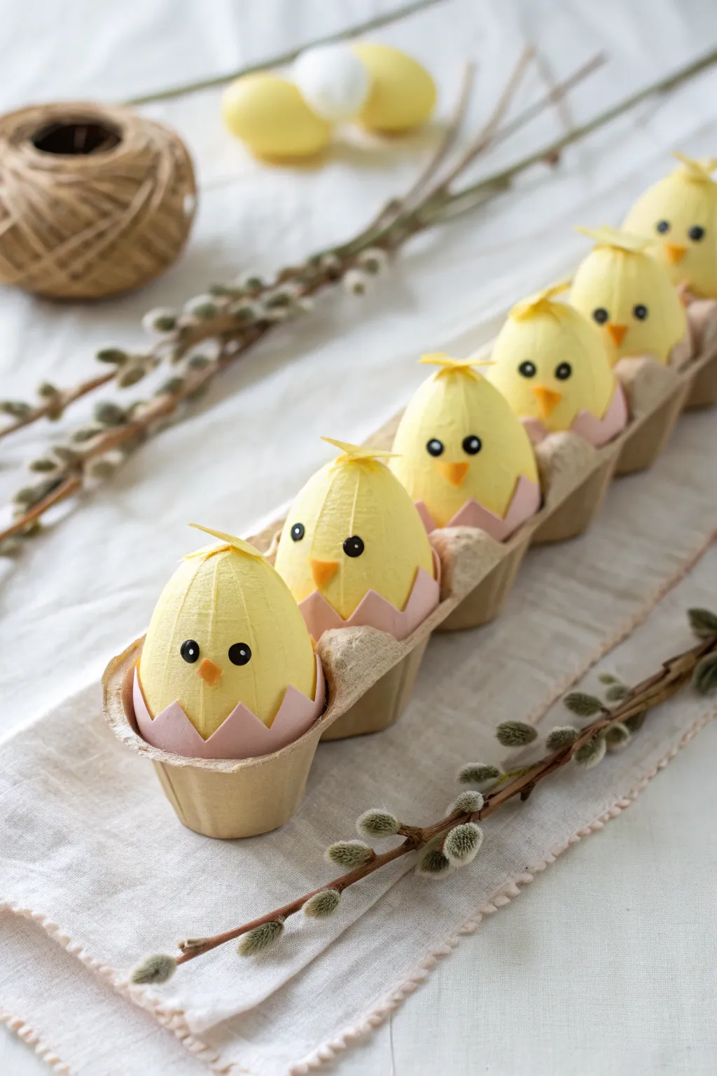 Painted egg carton chicks: a sweet toddler Easter craft in minimalist, sunny yellow.