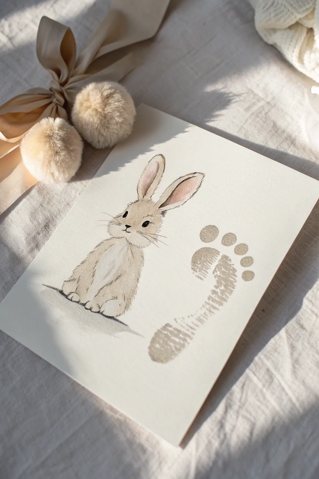 Sweet 3D baby footprint bunny with soft pom pom tail, minimalist Easter keepsake on cardstock