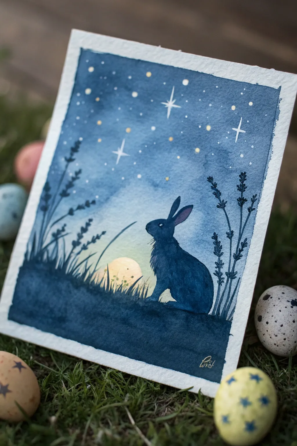 Night-sky Easter bunny silhouette with firefly glow and hidden luminous eggs in the grass