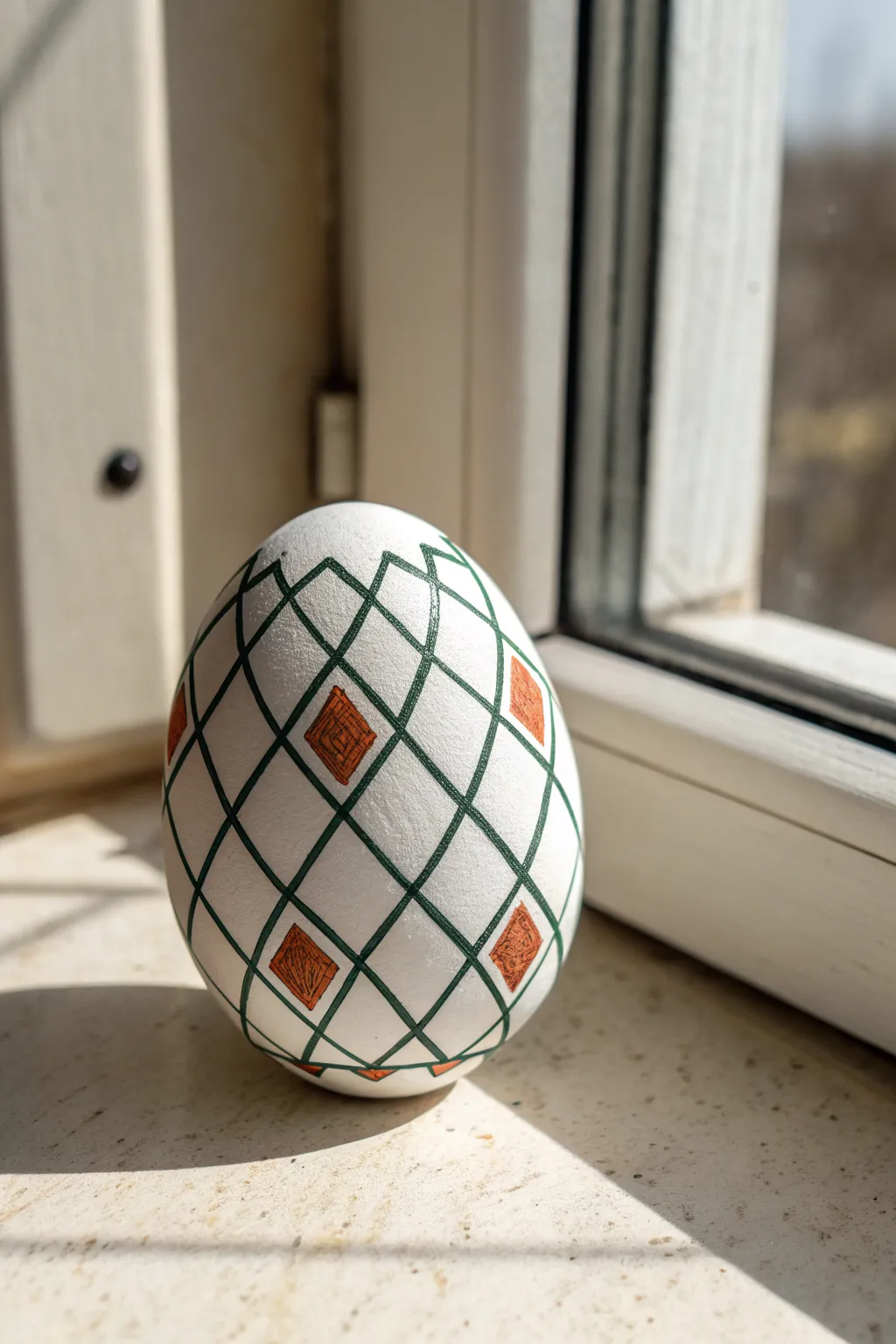 Geometric diamond grid Easter egg design with a few bold filled diamonds, clean and calming.