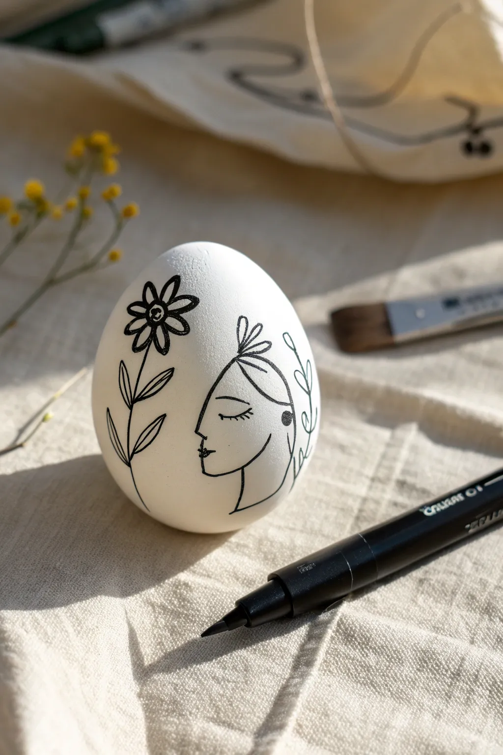 Minimal line art Easter egg with crisp black ink on white, clean styling and airy space