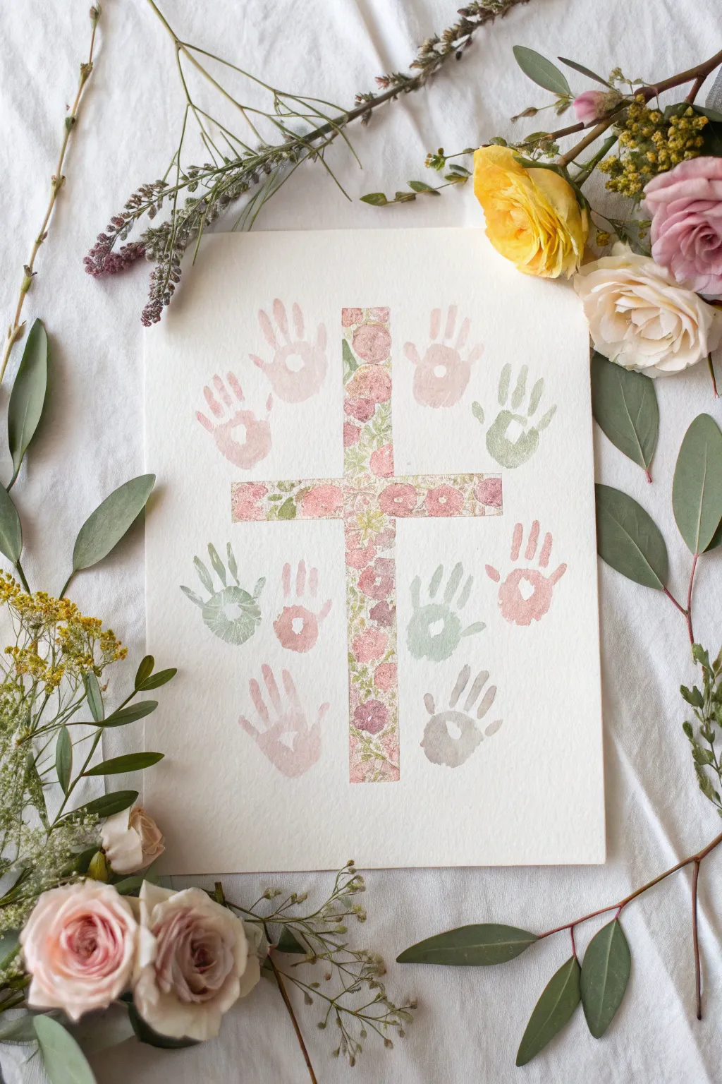 Minimal handprint cross with pastel spring florals, a serene Scandinavian boho Easter paint idea