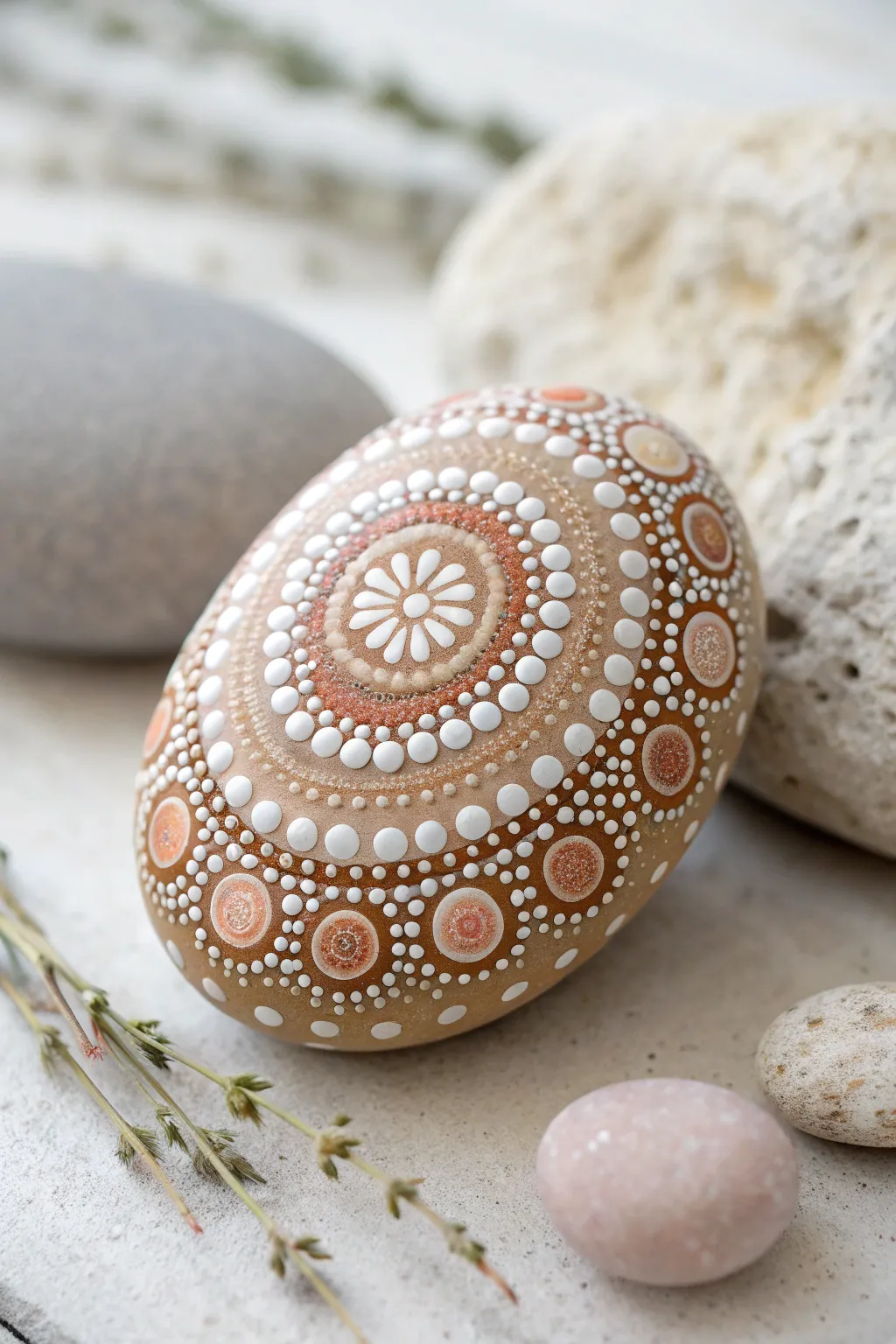 Easter egg mandala dot rock in calm Nordic tones, a simple boho spring painting idea.