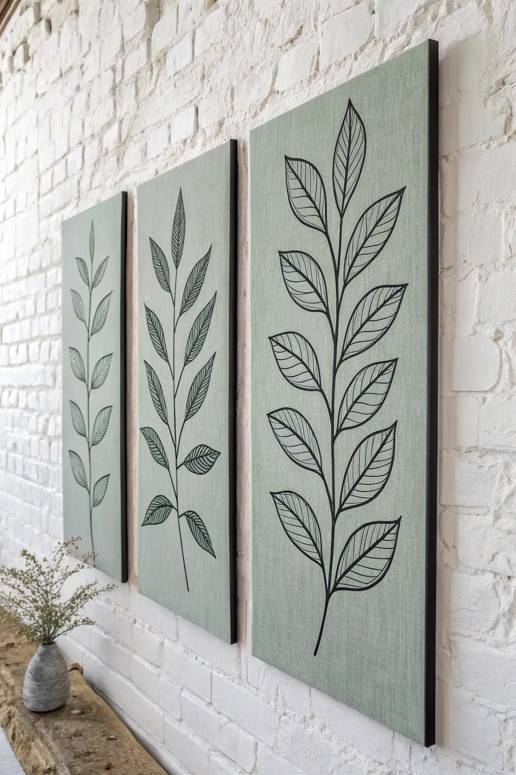 Minimal triptych with a single flowing branch and negative-space leaves in calm, boho tones.