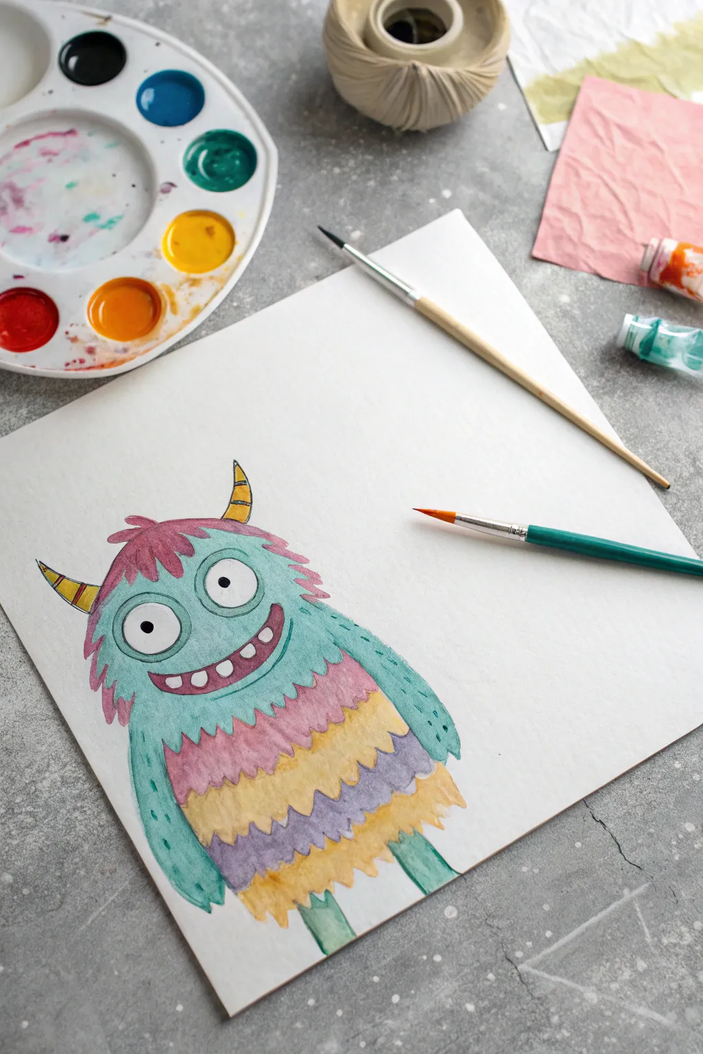 Scrape-paint color mixing monster: streaky acrylic blends, big eyes, and a goofy grin kids love