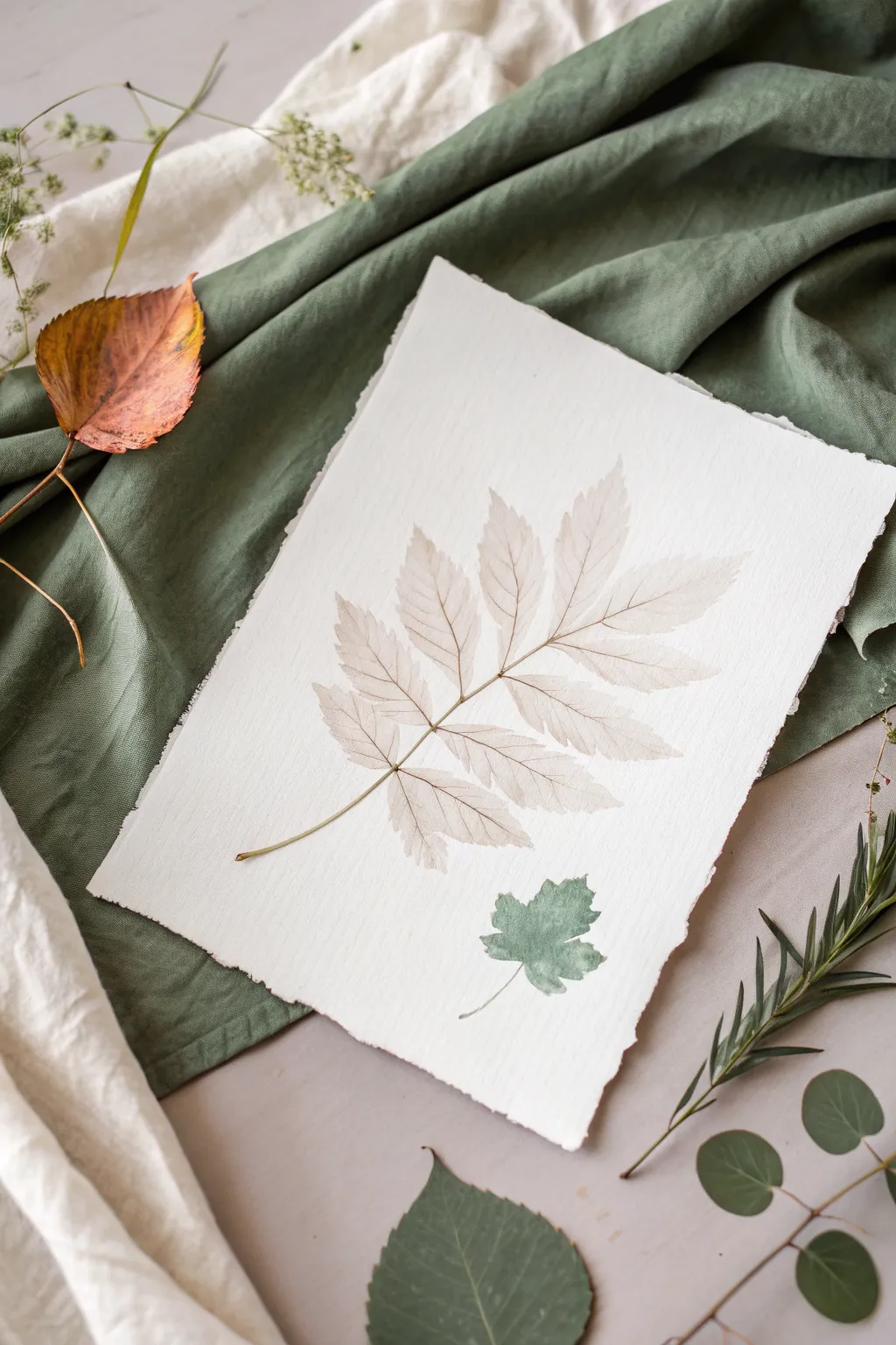 Airbrush negative-space leaf: crisp white silhouette with a soft boho gradient background