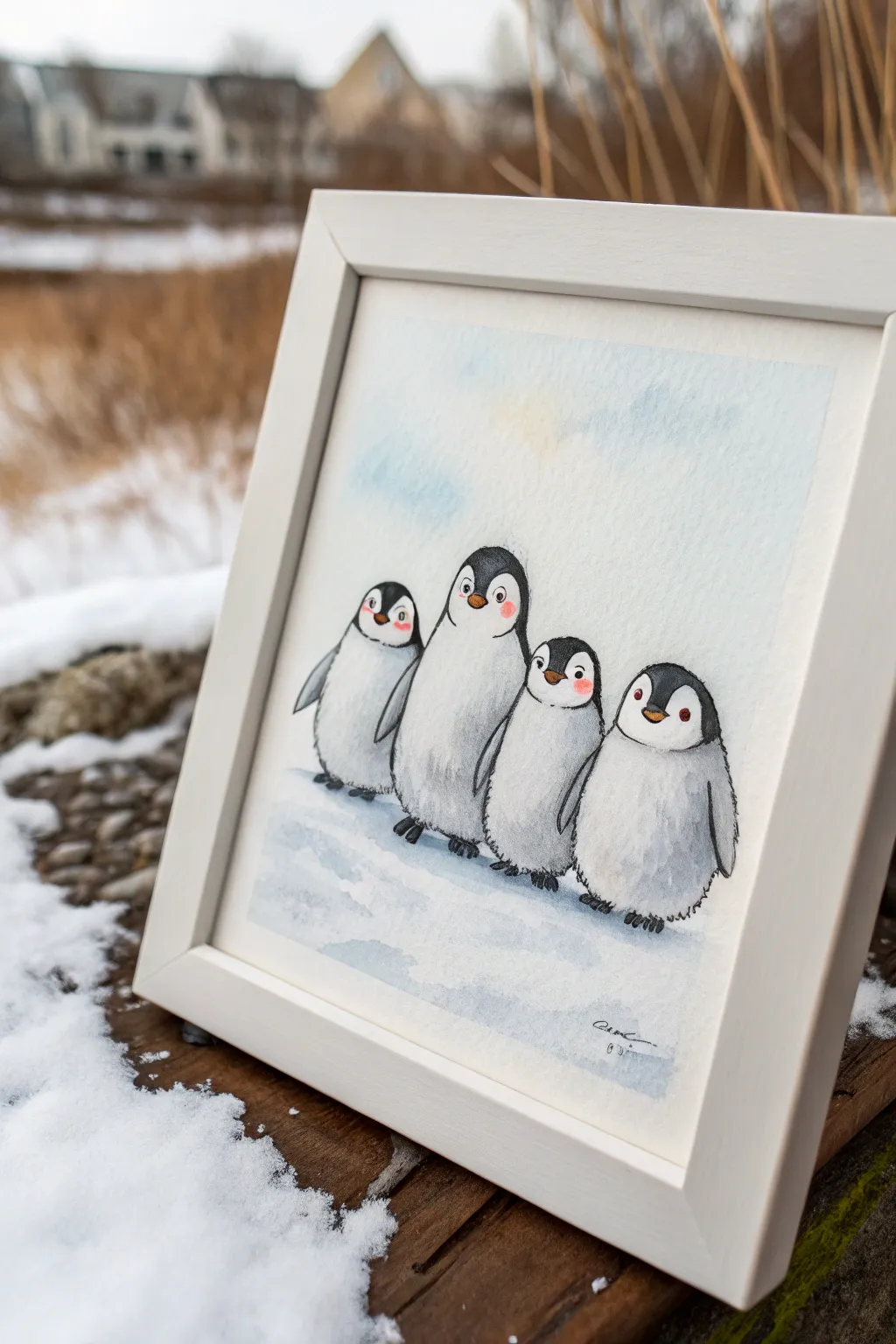 Minimal oval penguin trio with rosy cheeks on a snowy wash, a sweet easy animal painting idea