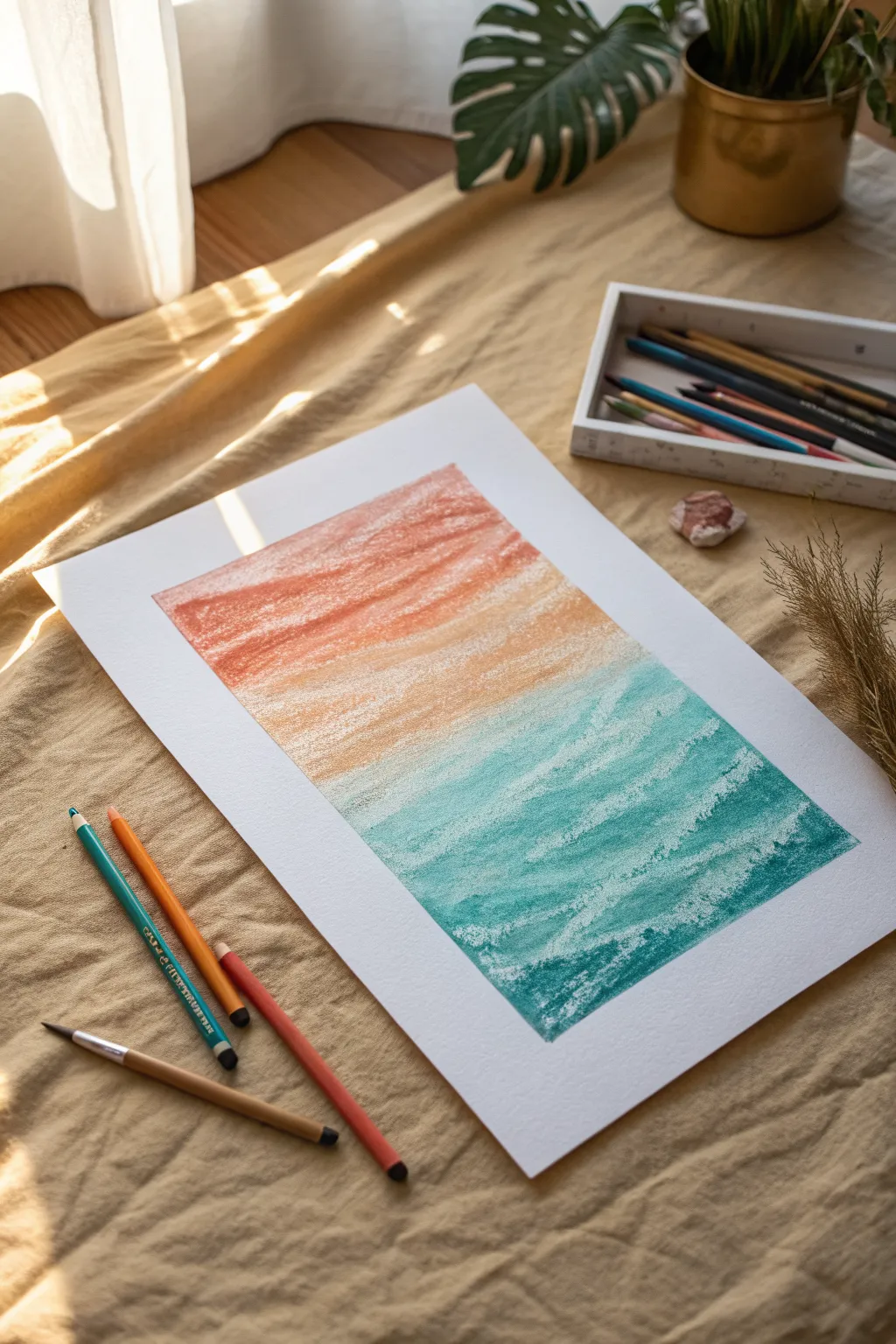 Crayon resist scribble texture with a bright watercolor wash, minimalist and easy to recreate