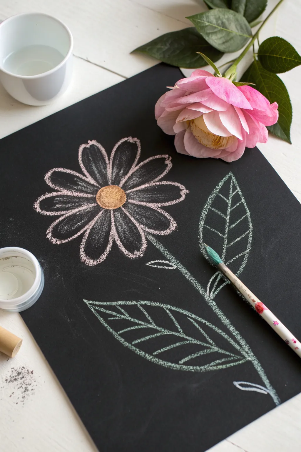 Try wet chalk painting: a simple flower with glossy strokes beside dry chalk texture