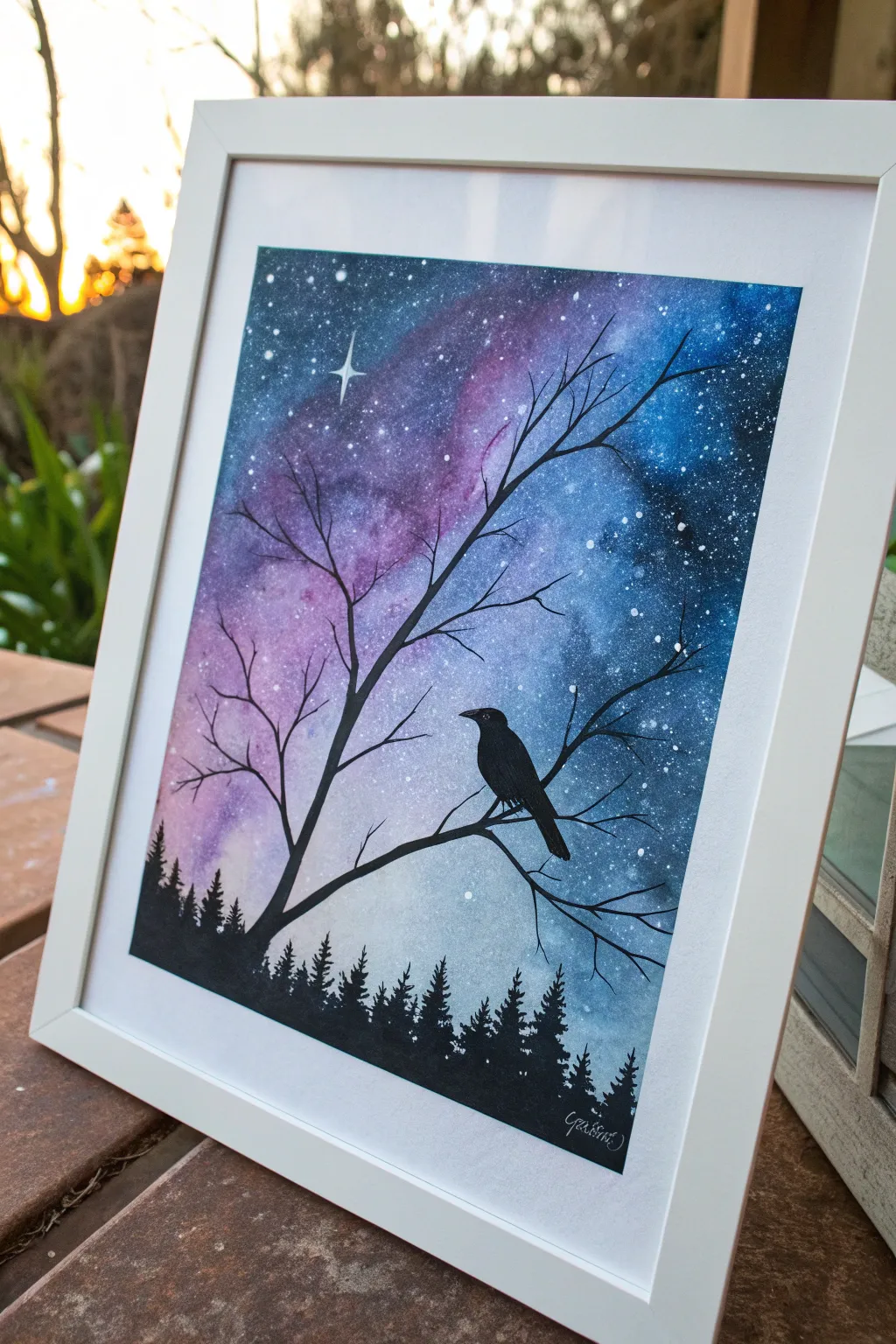 Dreamy galaxy wash with a crisp black bird silhouette, minimal and high contrast