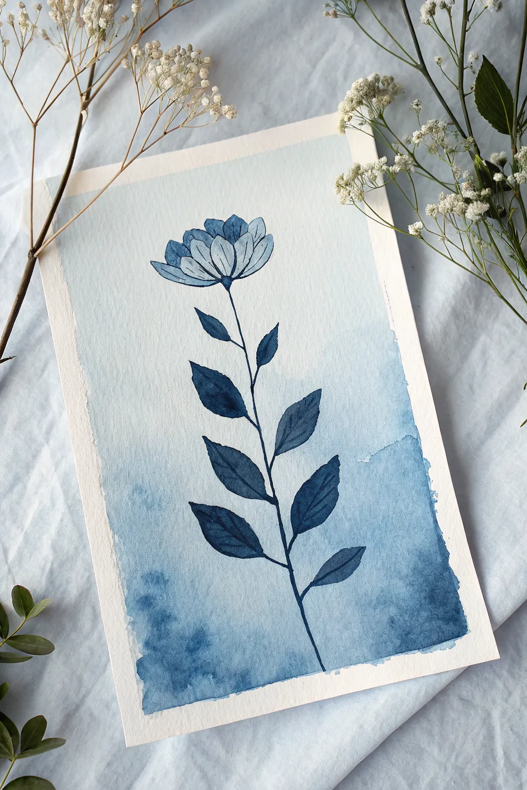 Easy blue wash + bold floral silhouette for a calm monochrome painting anyone can recreate.