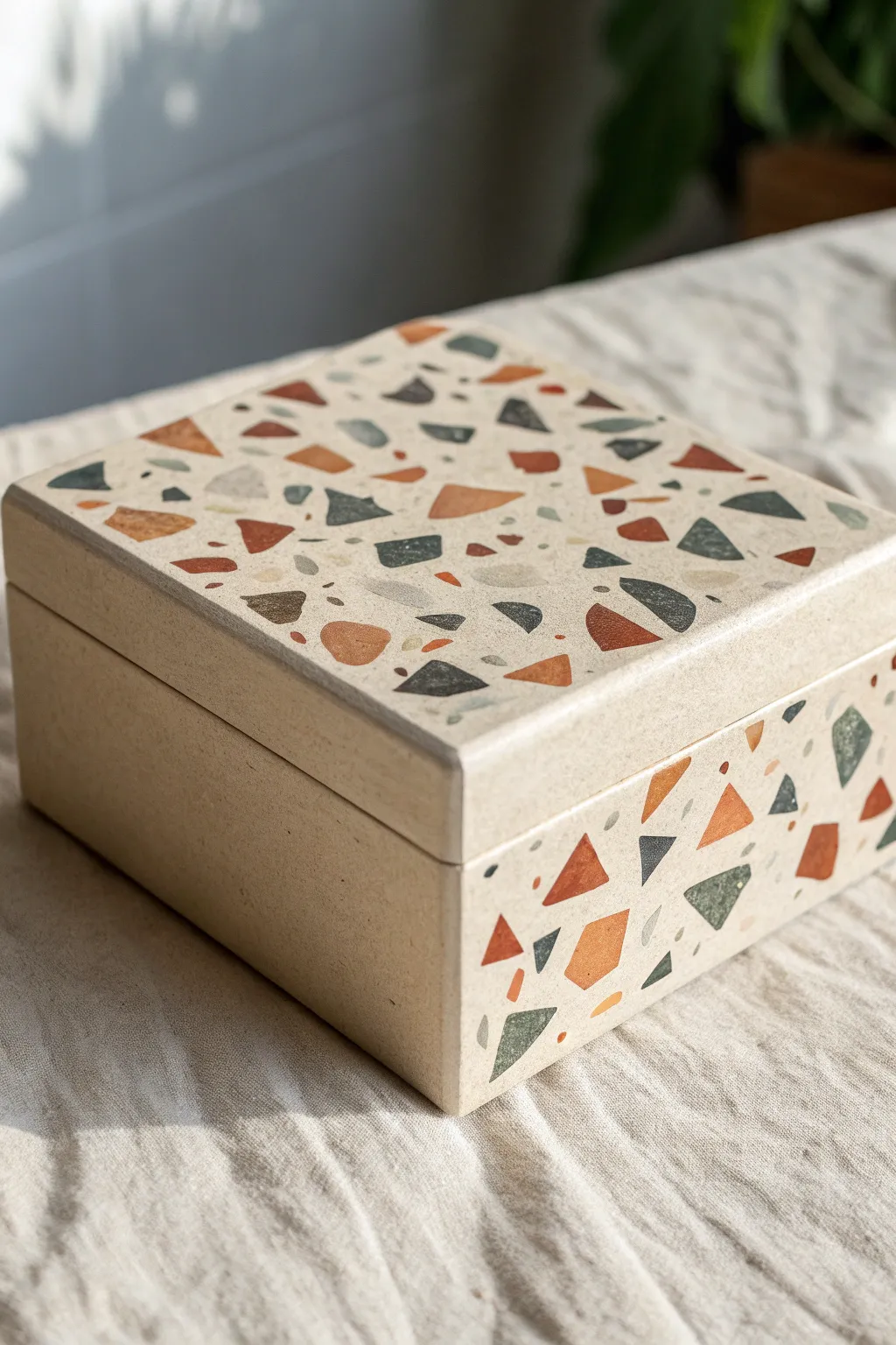 Upgrade a simple box with this chic, earth-toned faux terrazzo painting technique.