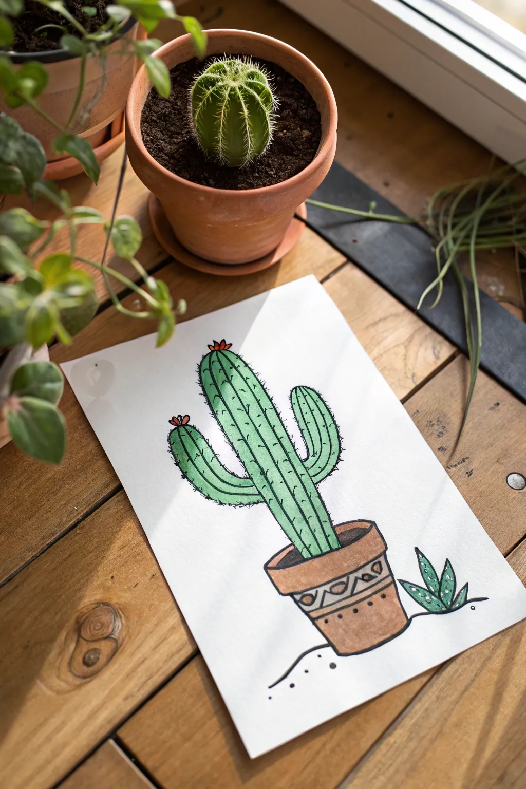 Bold outline cactus with flat green fill, a fun minimalist boho painting idea to copy.