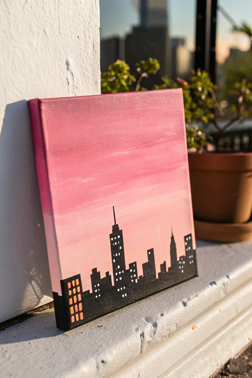 Minimal black skyline silhouette over a glowing pink dusk gradient for an easy, chic canvas idea