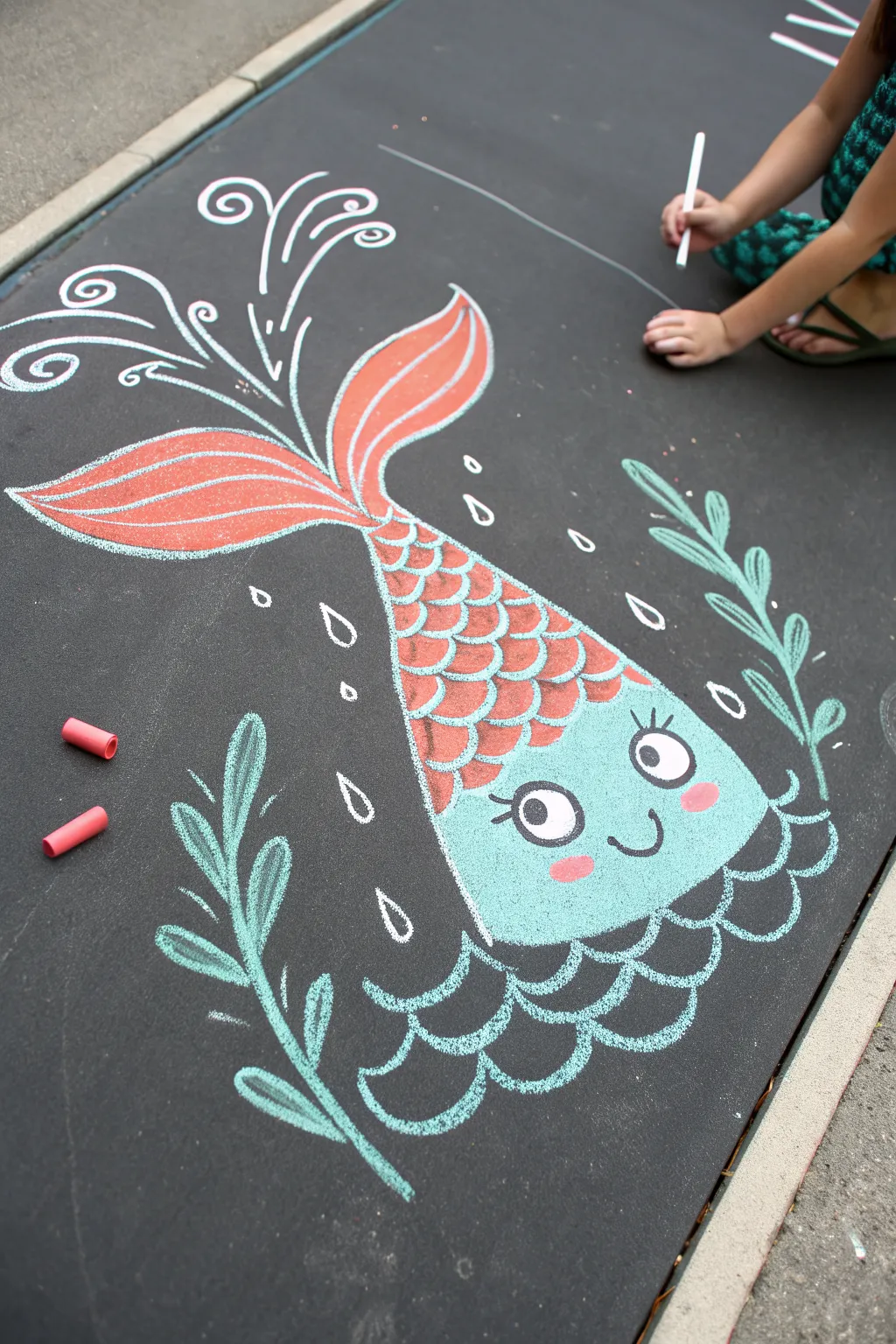 Mermaid tail splash with big eyes, an easy repeating U-shape scale pattern for chalk art.