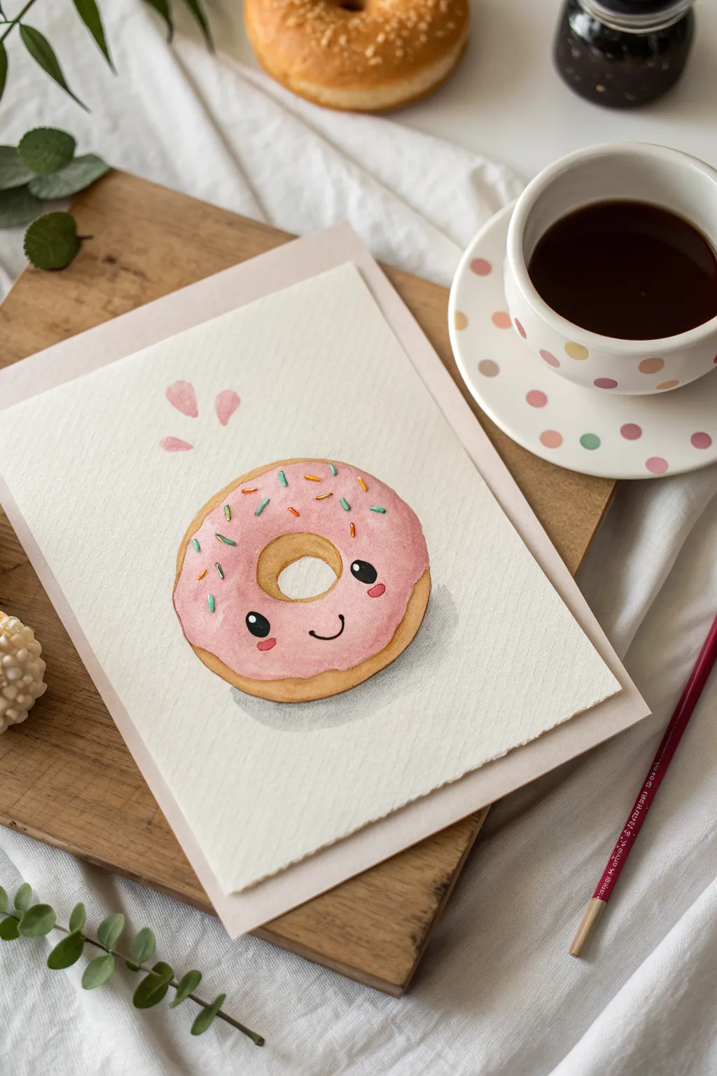 Paint a sweet donut character: flat colors, crisp outline, tiny smile, minimalist and cute.