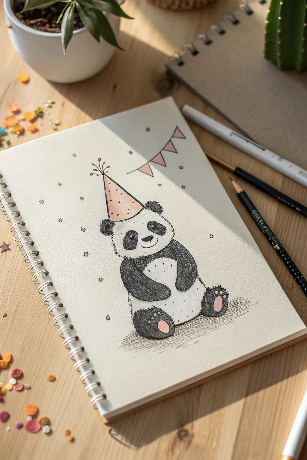 Cute simple panda wearing a tall birthday hat, minimalist lines and soft confetti for easy drawing.