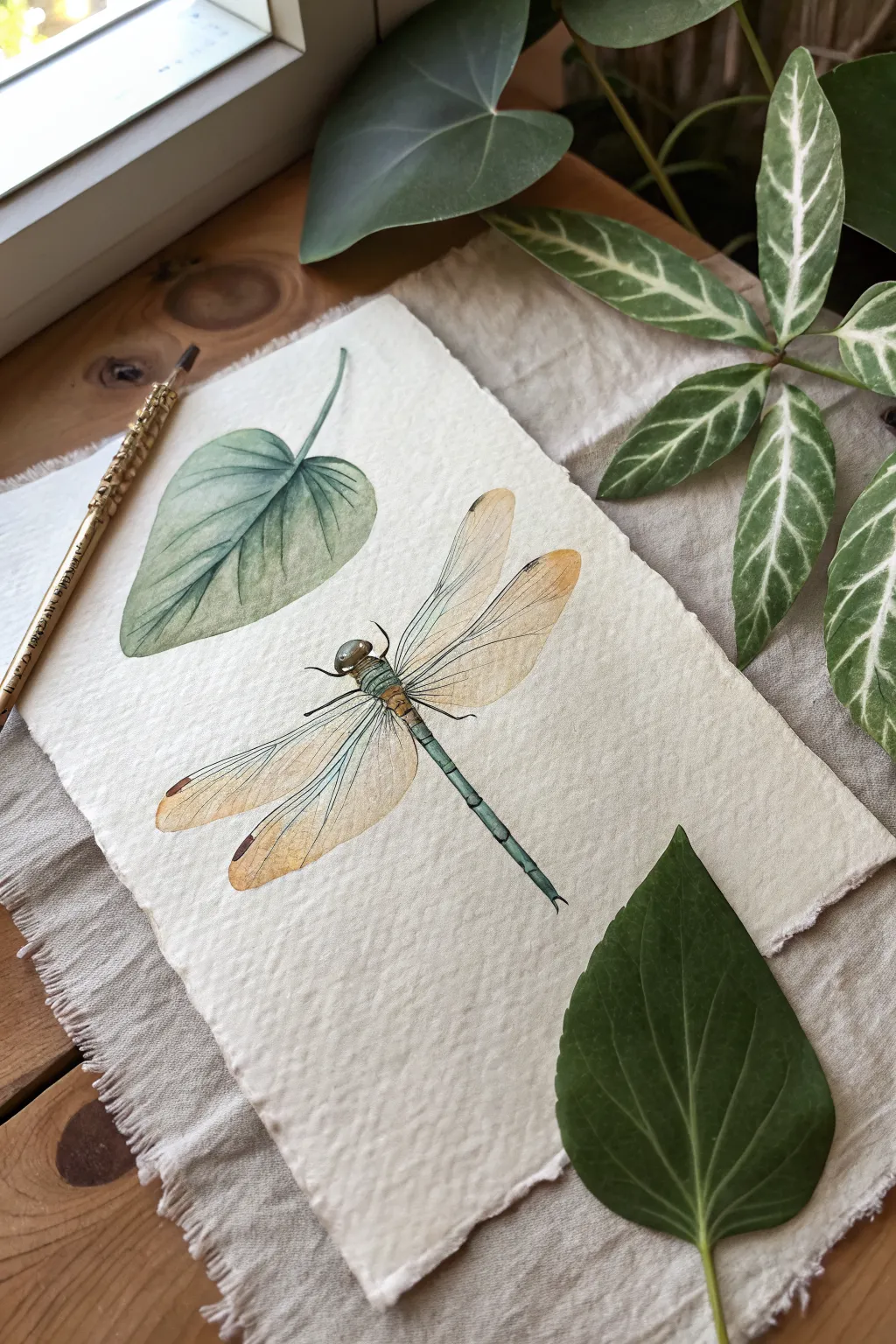 Minimal leaf and dragonfly close-up, a calm Scandinavian watercolor idea with soft boho charm