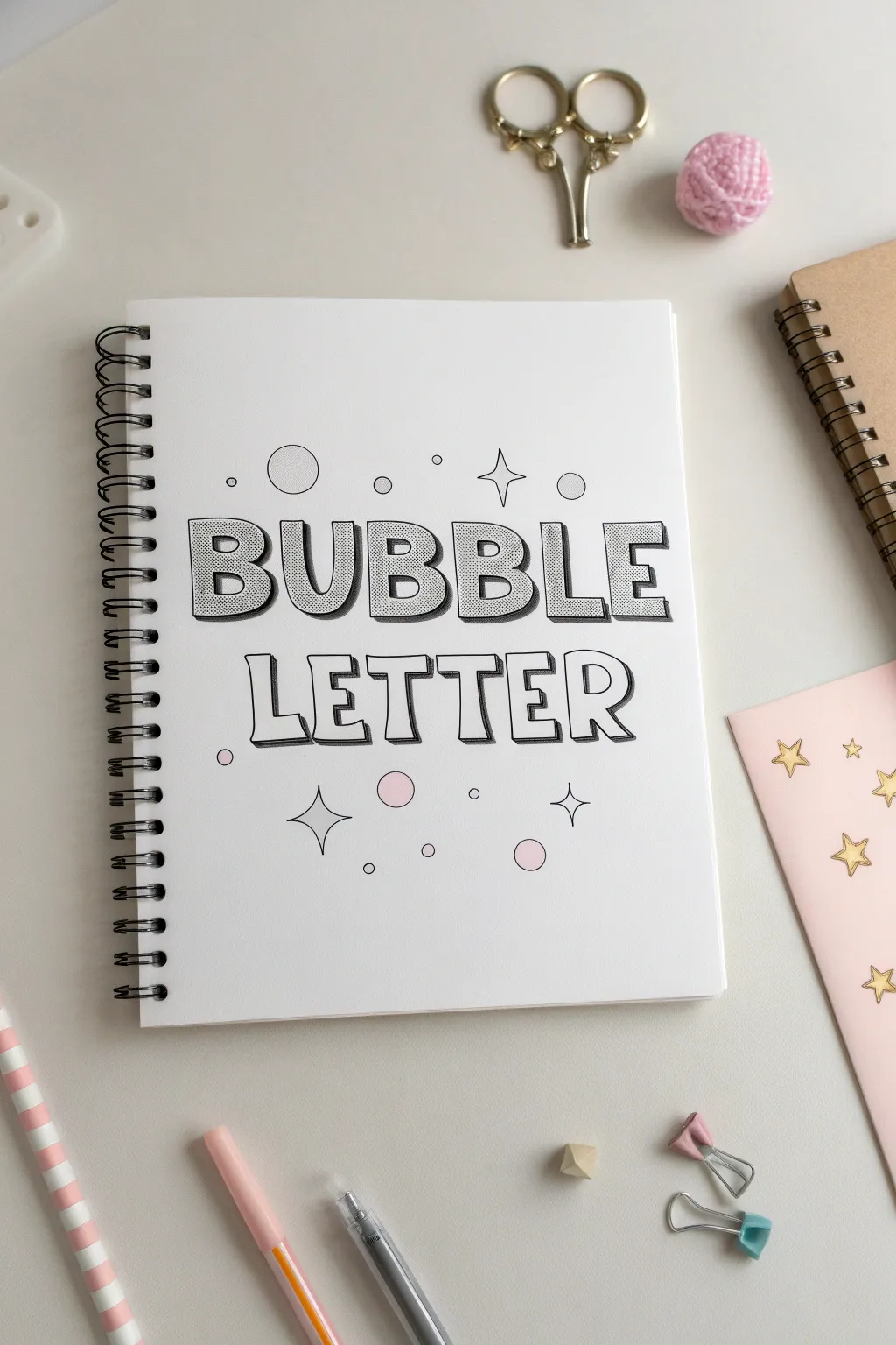 Bubble-letter name logo idea with thick outline, bright highlights, a simple shadow, and cute doodles