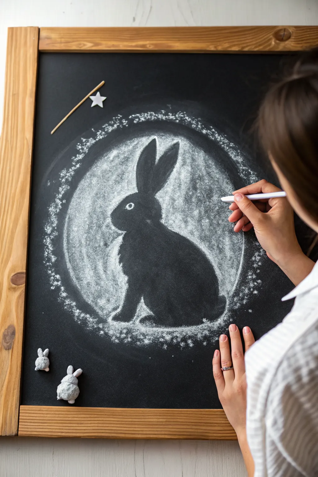 Negative space bunny chalk glow: simple, high-contrast Easter art with a soft halo effect