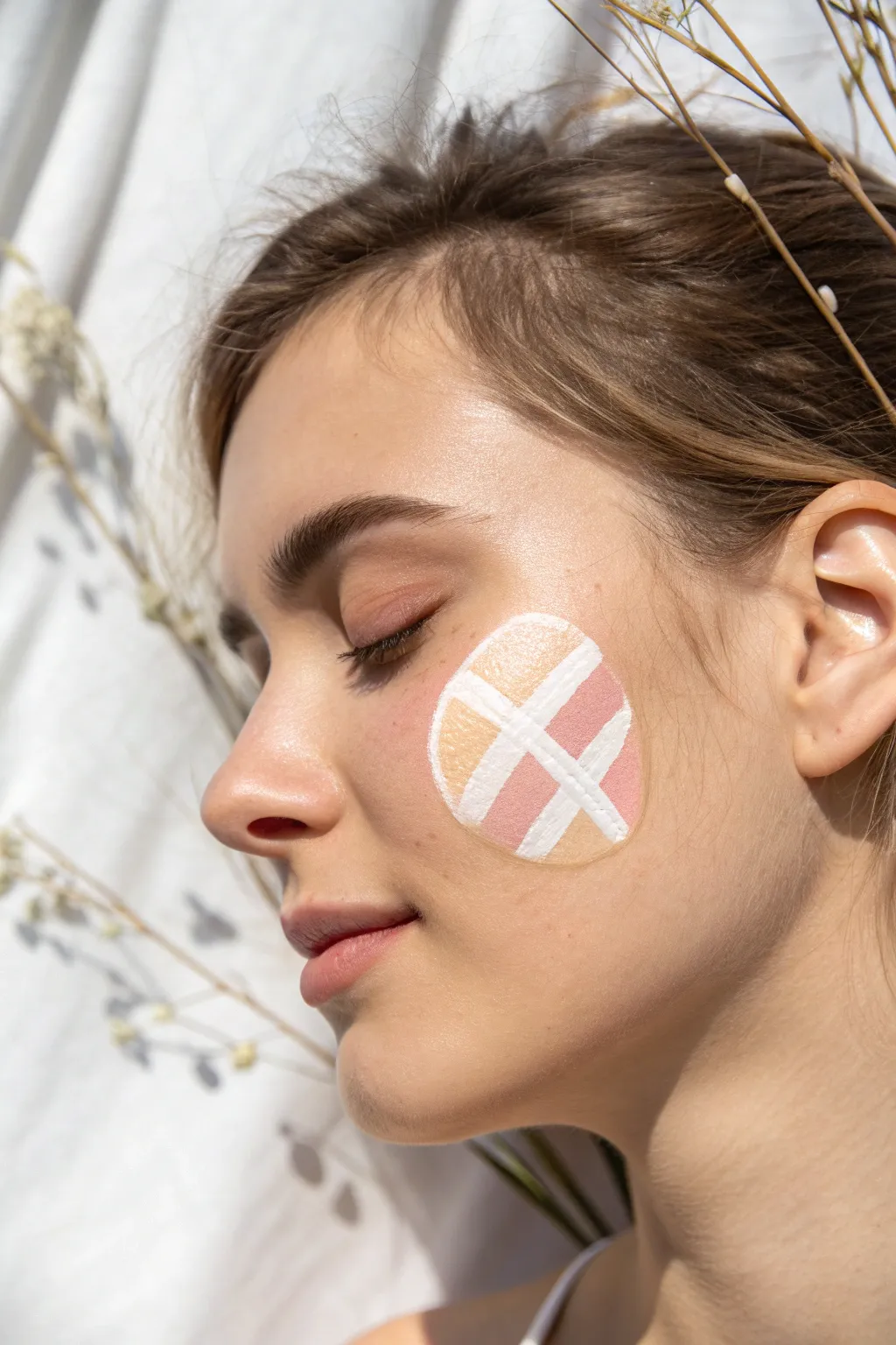 Simple basket weave Easter egg cheek patch in soft pastels, minimal yet sweet for quick face paint