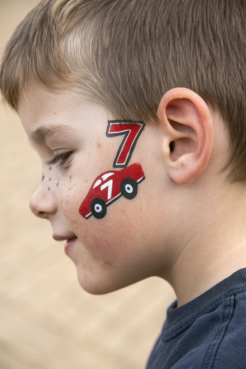 Clean race car cheek design with bold number and speed lines, perfect for quick boy face paint.