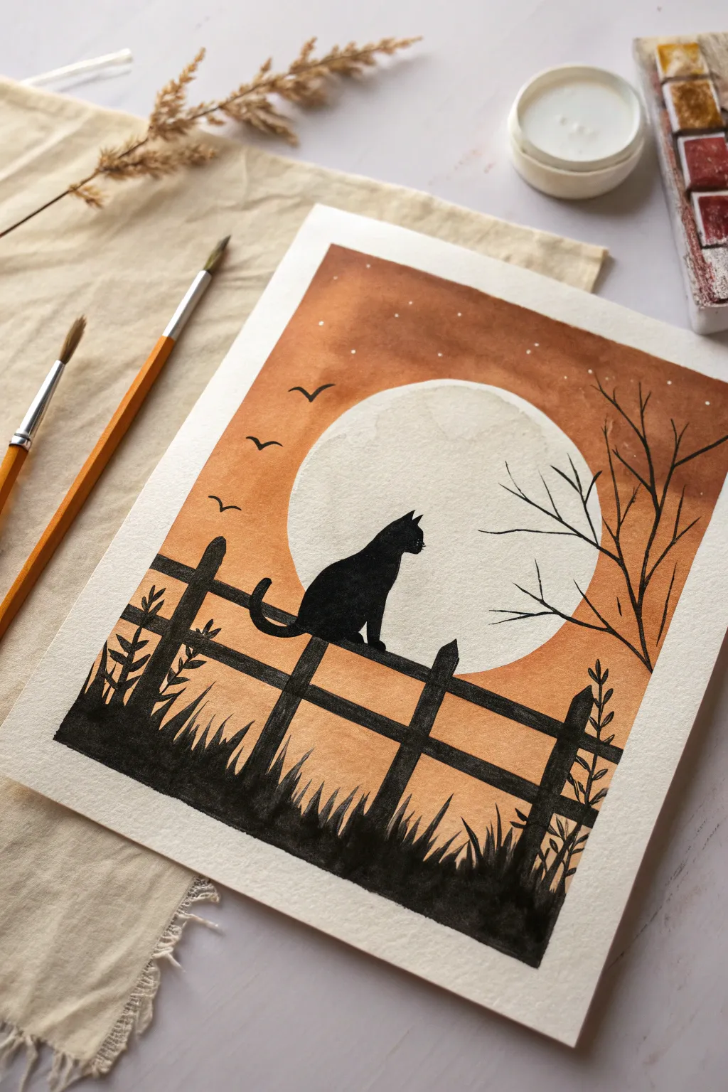 Easy fall painting: bold black cat silhouette on a fence with a glowing autumn moon.
