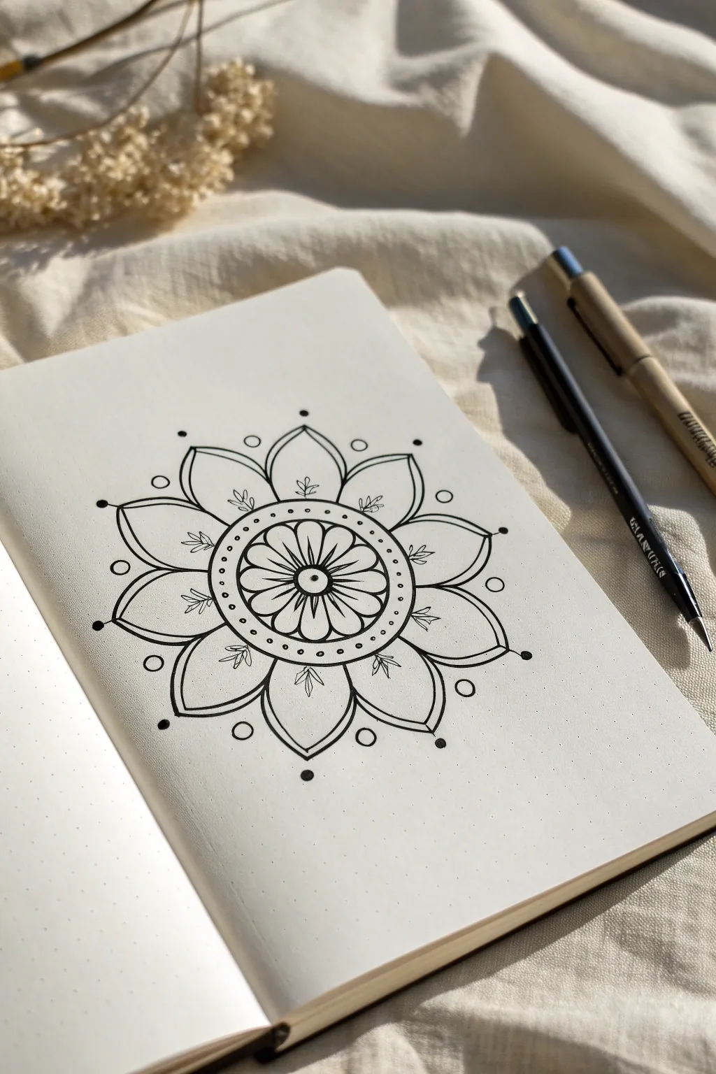 Easy mandala flower drawing with simple symmetry and clean lines for a calm minimalist look