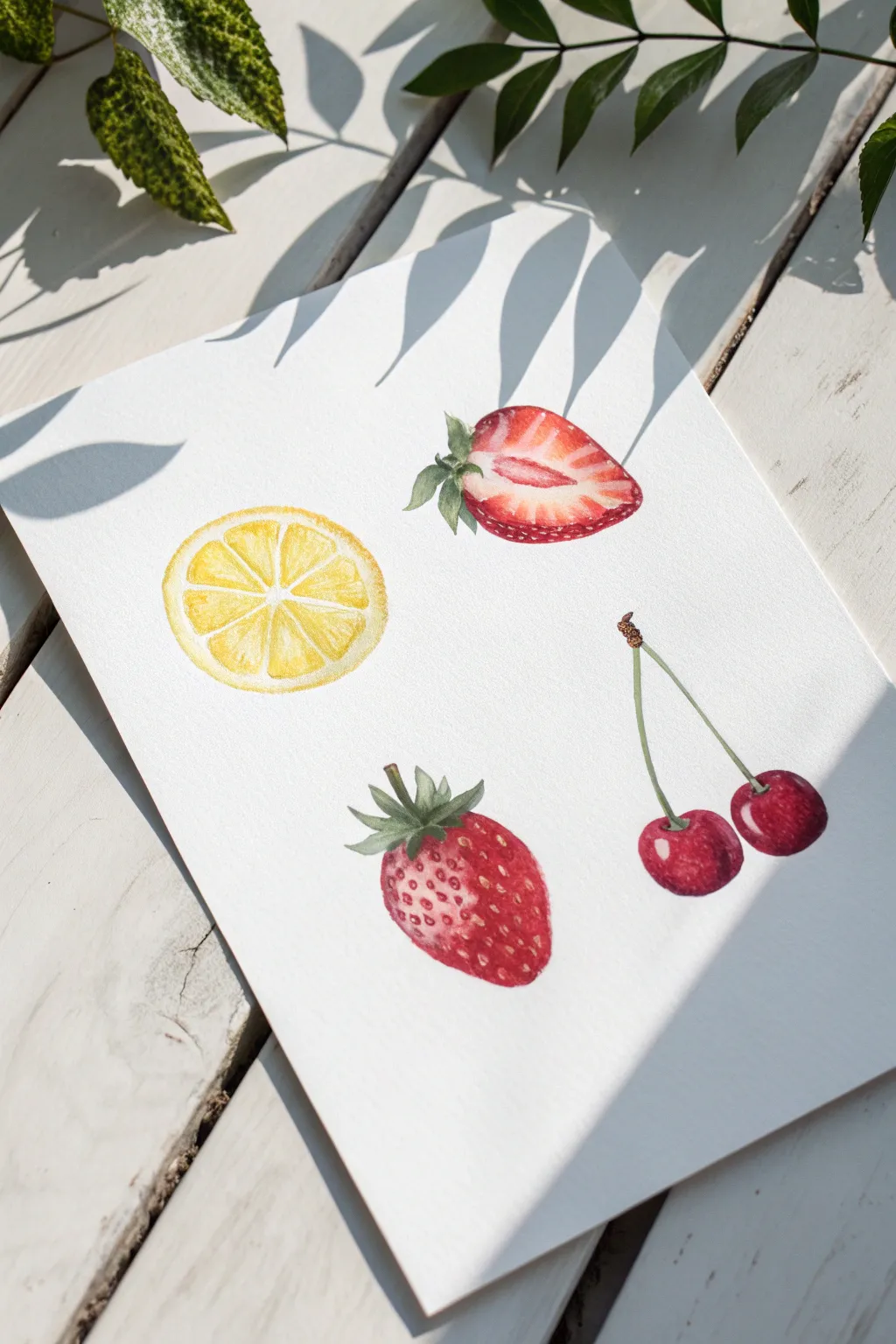 Minimal floating fruit icons with soft gray shadows for an easy, modern watercolor look