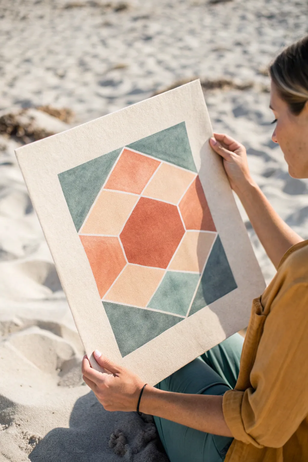 Off-center hexagon and circle on neutral paper for a simple, modern geometric painting idea
