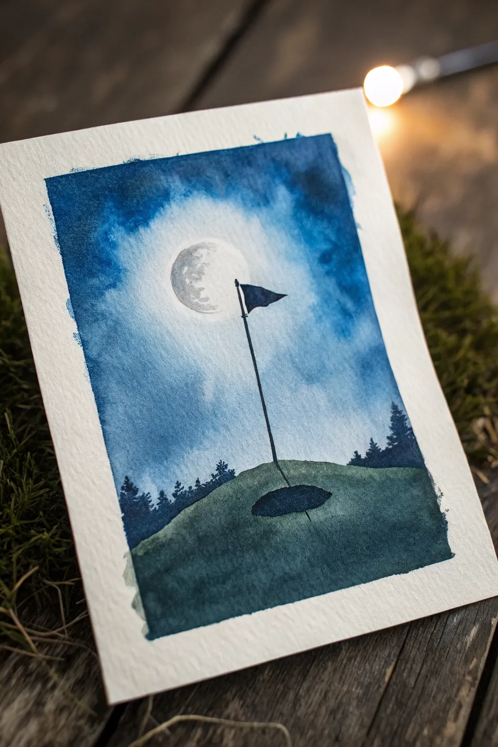 Moonlit golf flag painting idea: deep navy sky, bright moon glow, simple silhouette contrast.