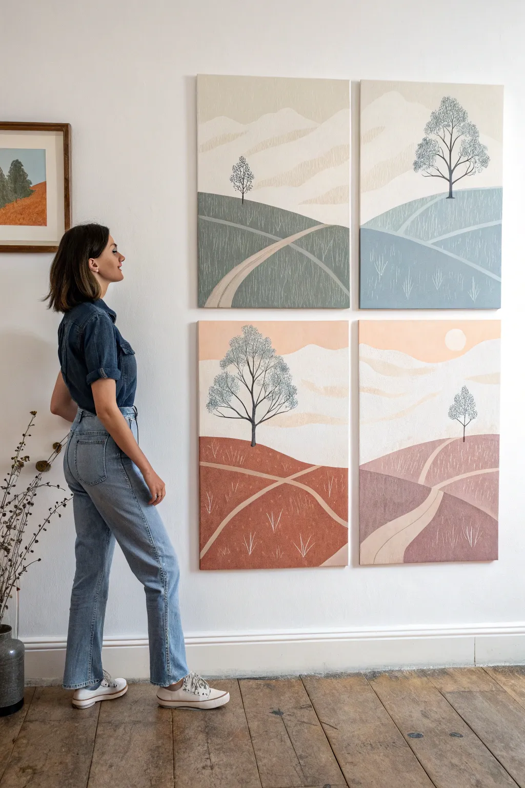 One simple landscape, four unique palettes on one canvas for an easy group painting comparison