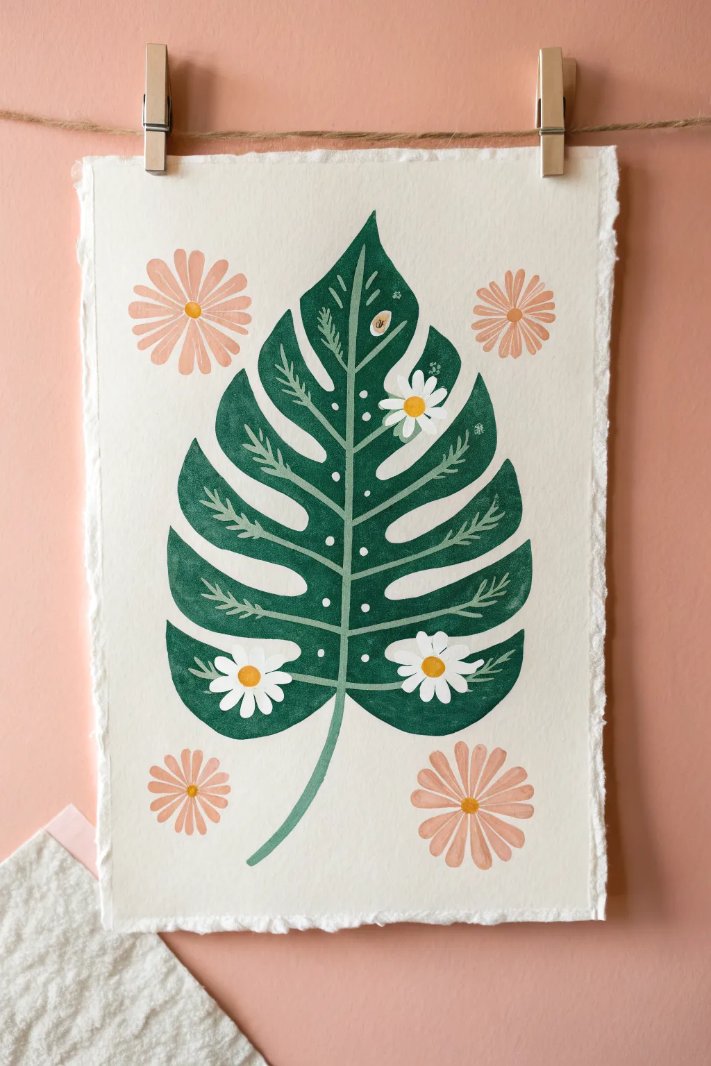 Paint a groovy leaf silhouette with wavy stripes and a subtle peace sign backdrop