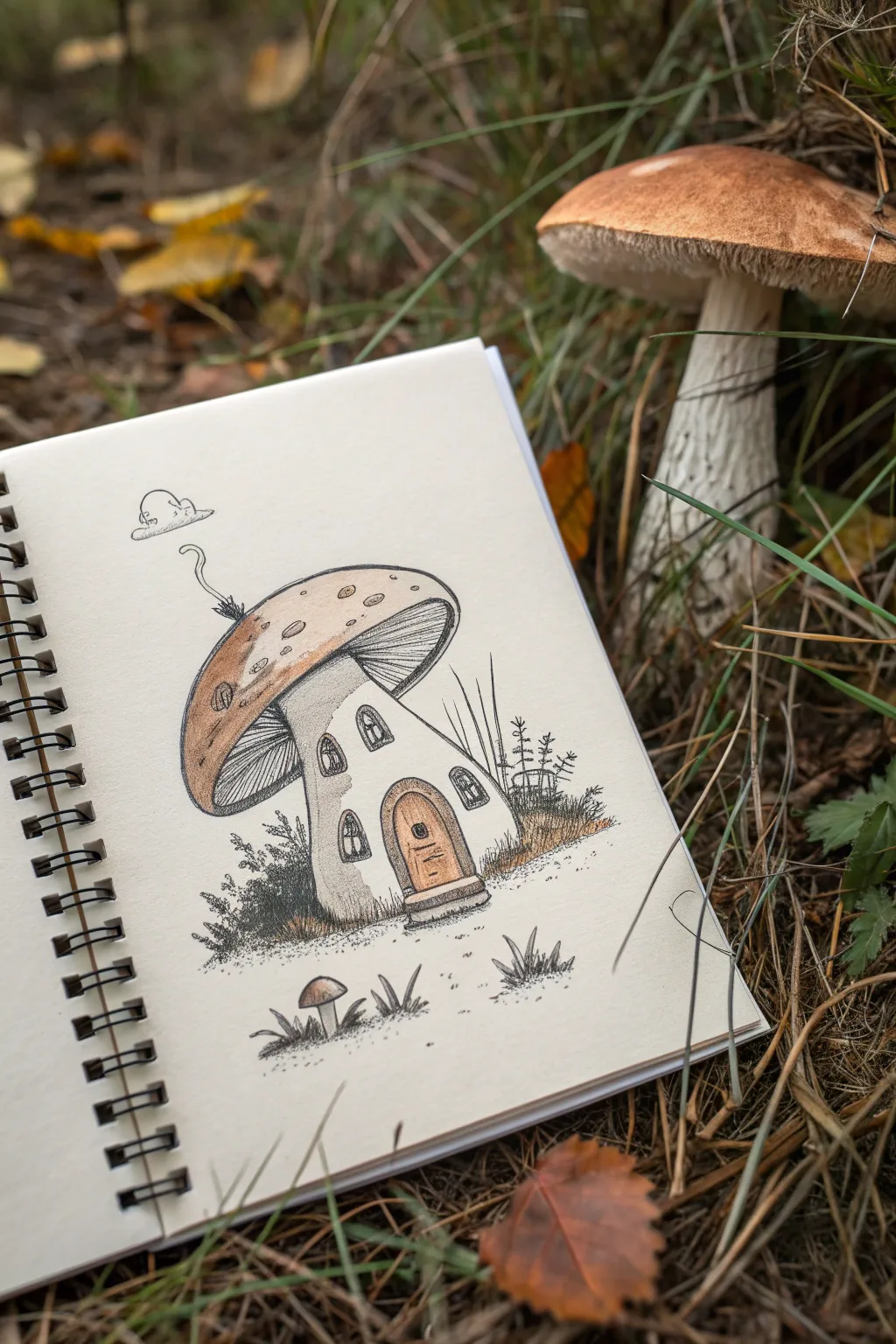 Cozy mushroom cottage doodle in minimalist boho style, an easy hipster drawing idea