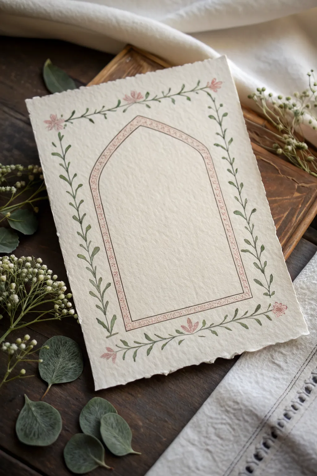 Minimal mihrab niche with doodle florals in soft boho tones, an easy Islamic painting idea