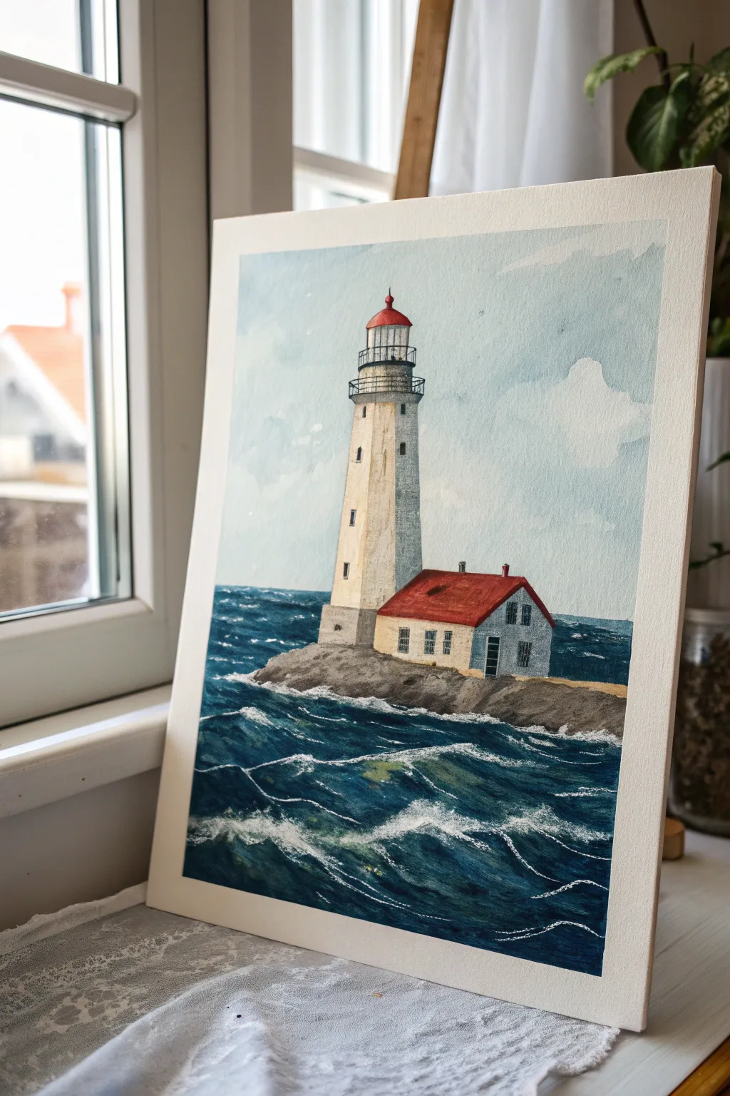 Easy lighthouse art: simple tower with bold palette knife waves for textured coastal charm