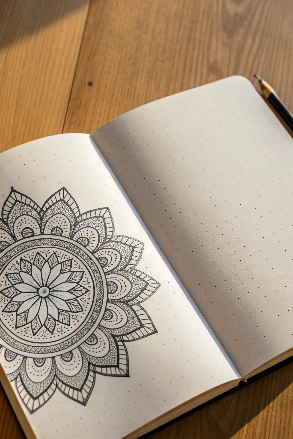 Easy half mandala idea: a clean semicircle pattern blooming from the sketchbook edge