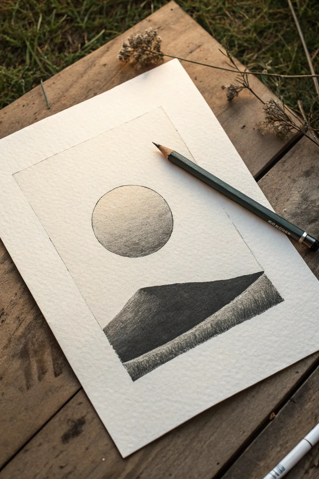 One-pencil sunset in a circle with a smooth gradient sky, bold hill silhouette, and a clean white sun.