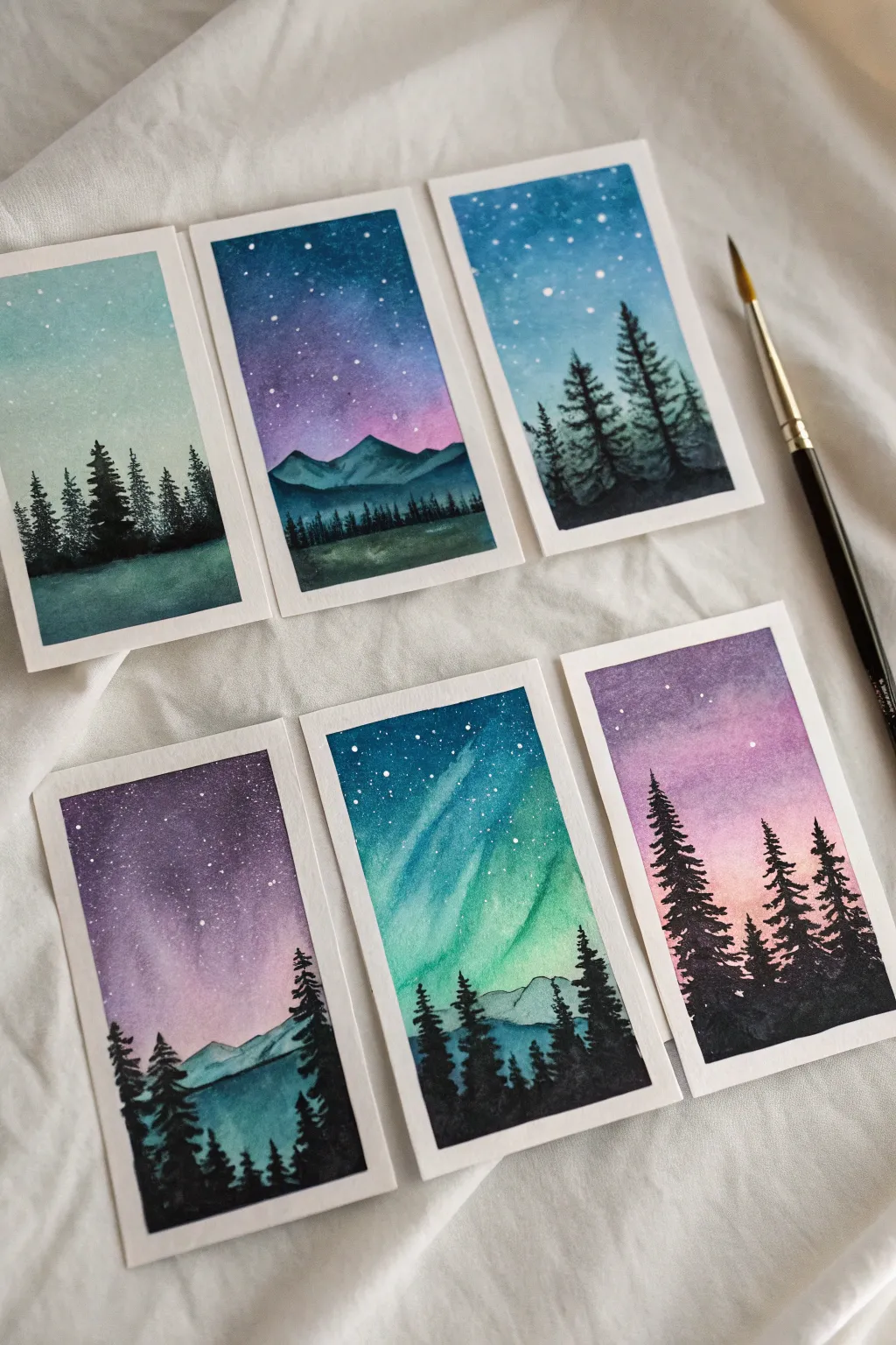 Batch paint tiny aurora postcards in varied color palettes for a cozy mini series
