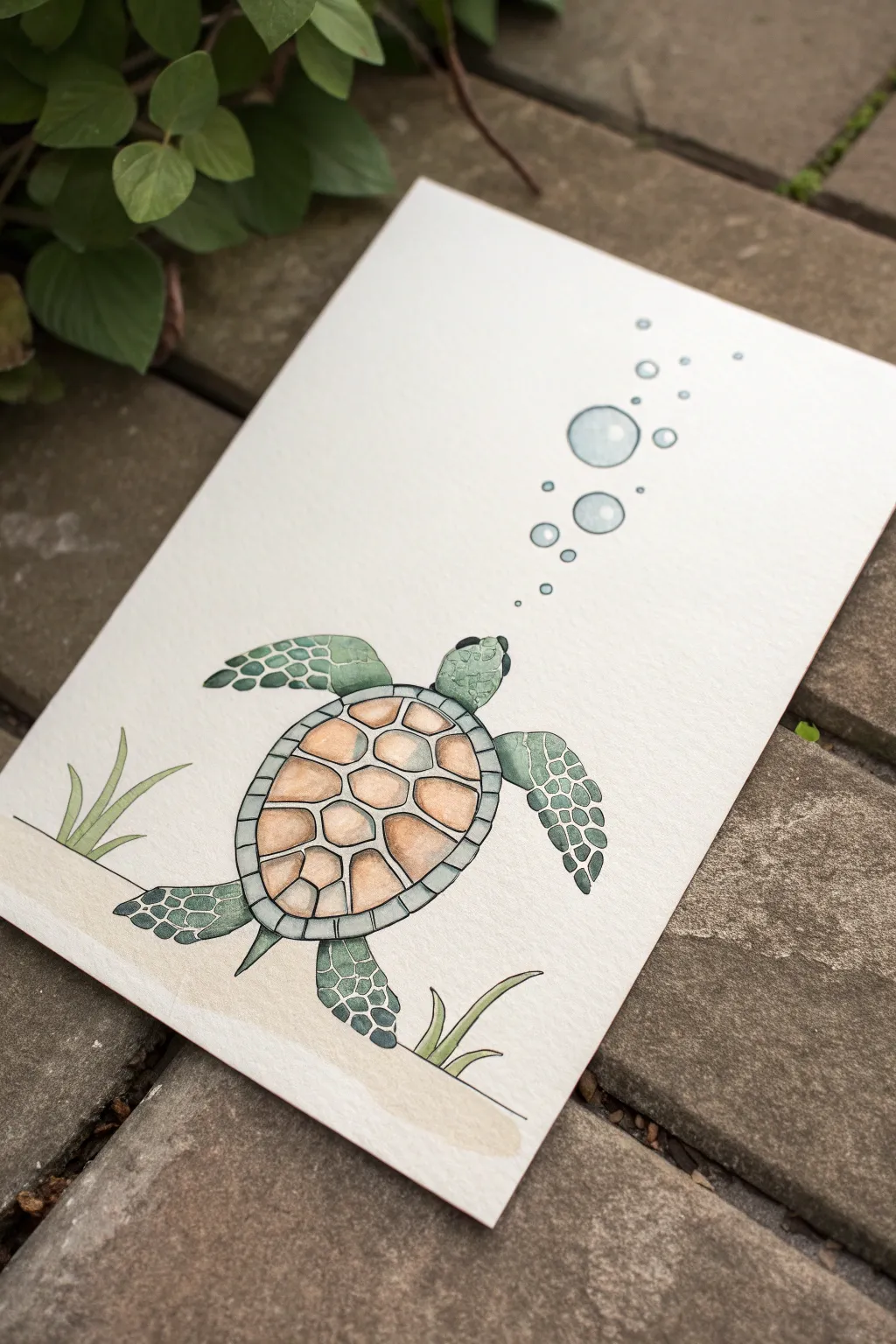 Minimal turtle with bubble dots in soft watercolor for a calm, clean Scandinavian aesthetic