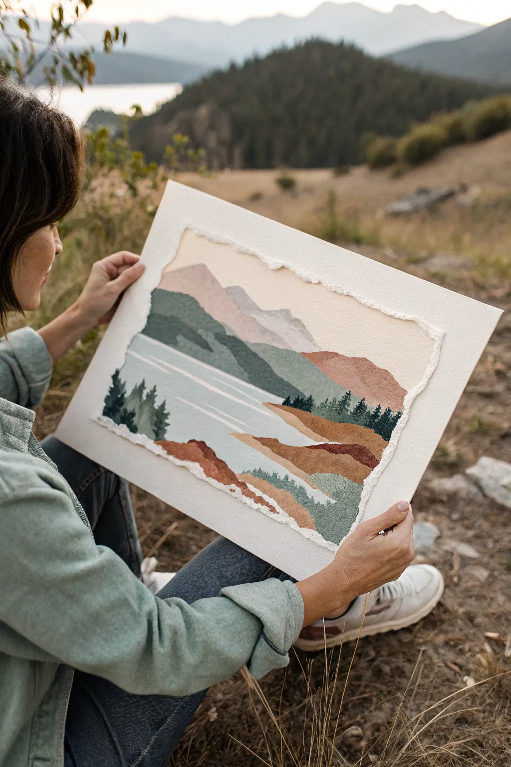 Calm collage-and-paint landscape with torn paper hills, soft hues, and tactile layers for easy painting.