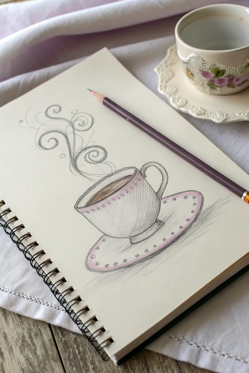 Minimal teacup sketch with dreamy lavender to pink steam, an easy pencil colour drawing idea