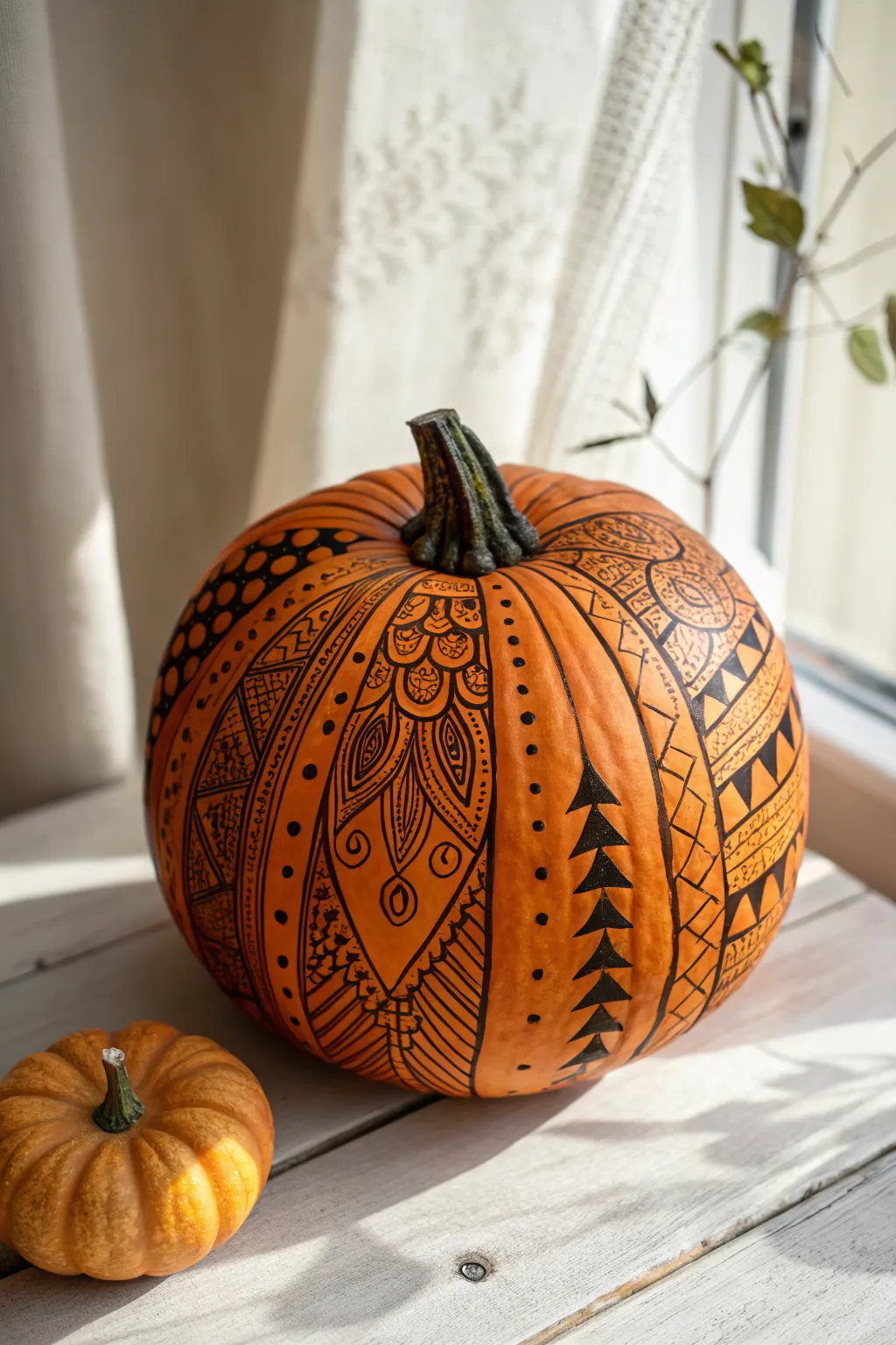 Easy zentangle pumpkin: each ridge a different black marker pattern, clean bright minimalist look